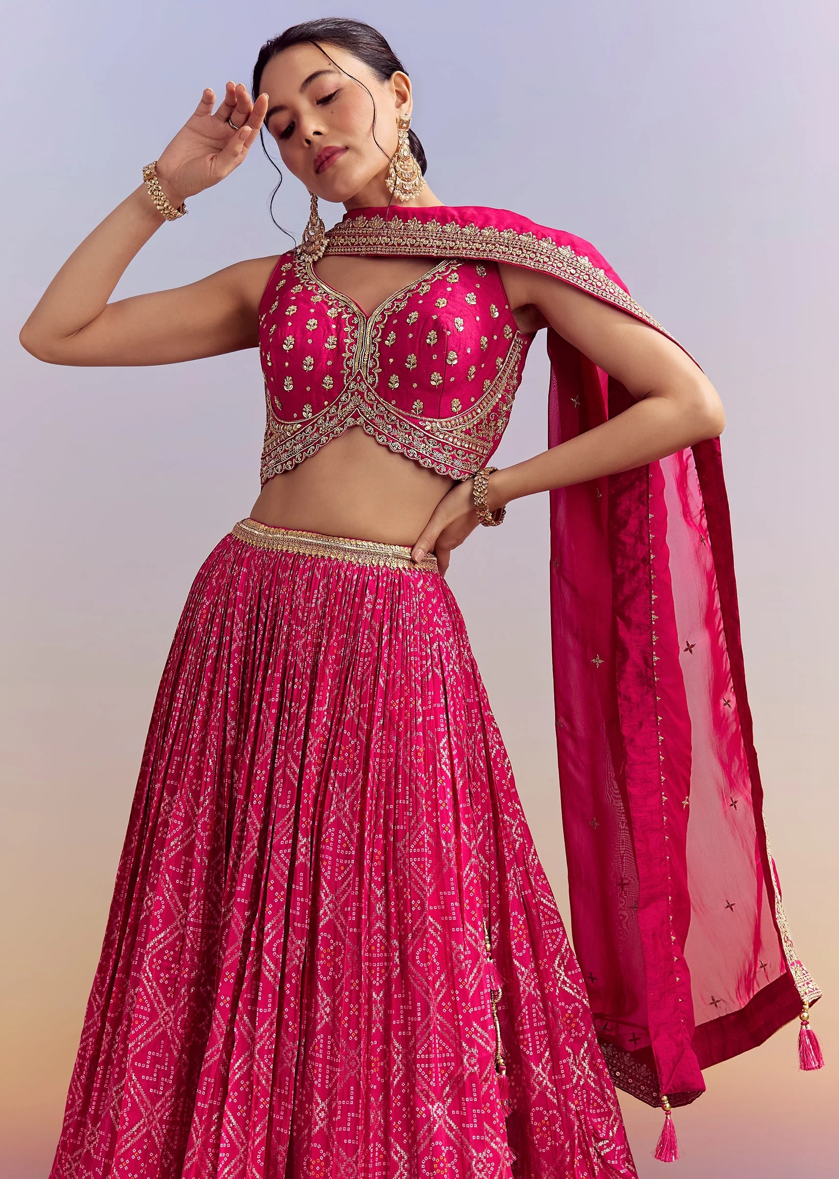 Pink Silk Bandhani Bridesmaid Lehenga With Zardosi Work - Image 5