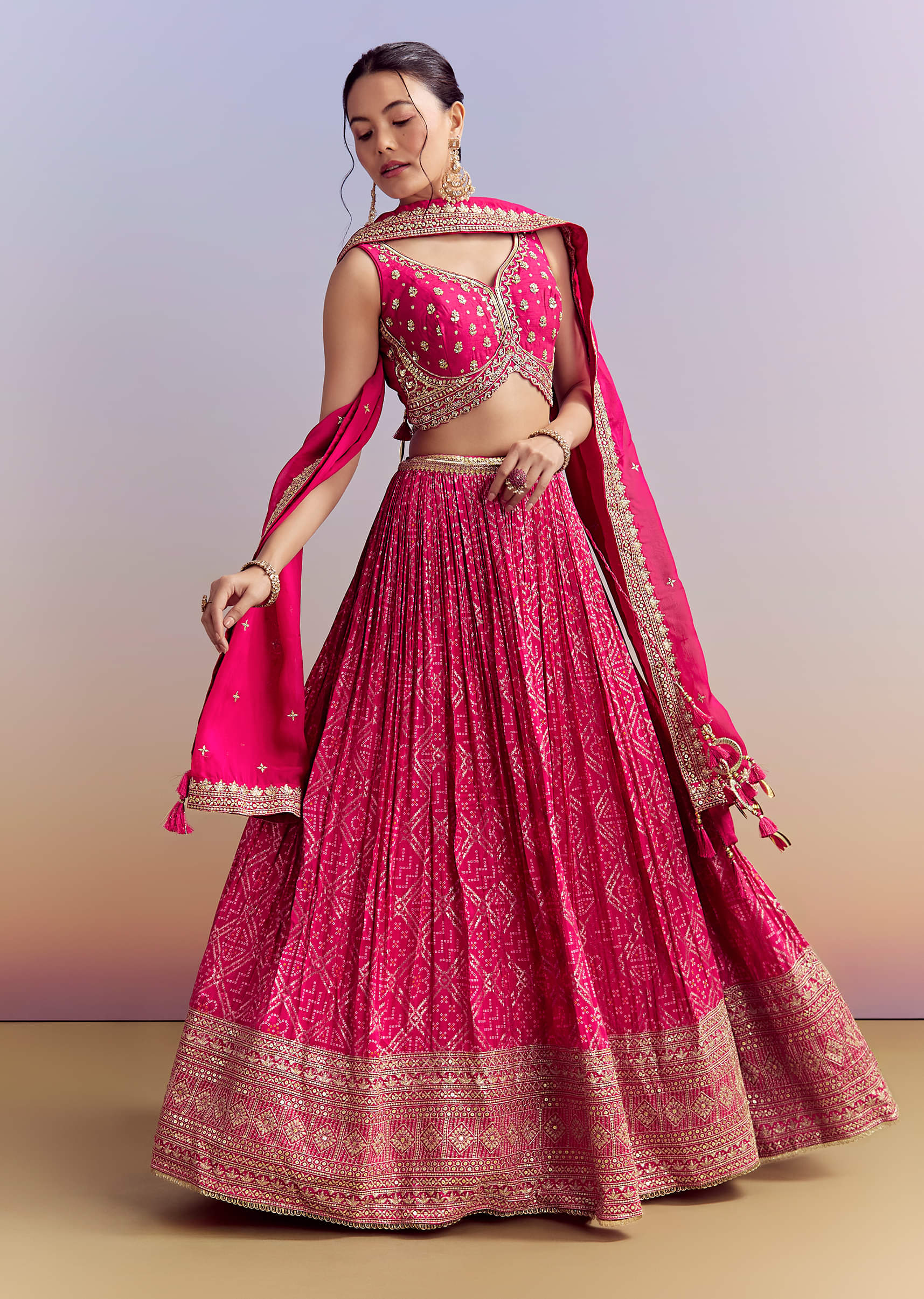 Pink Silk Bandhani Bridesmaid Lehenga With Zardosi Work - Image 7