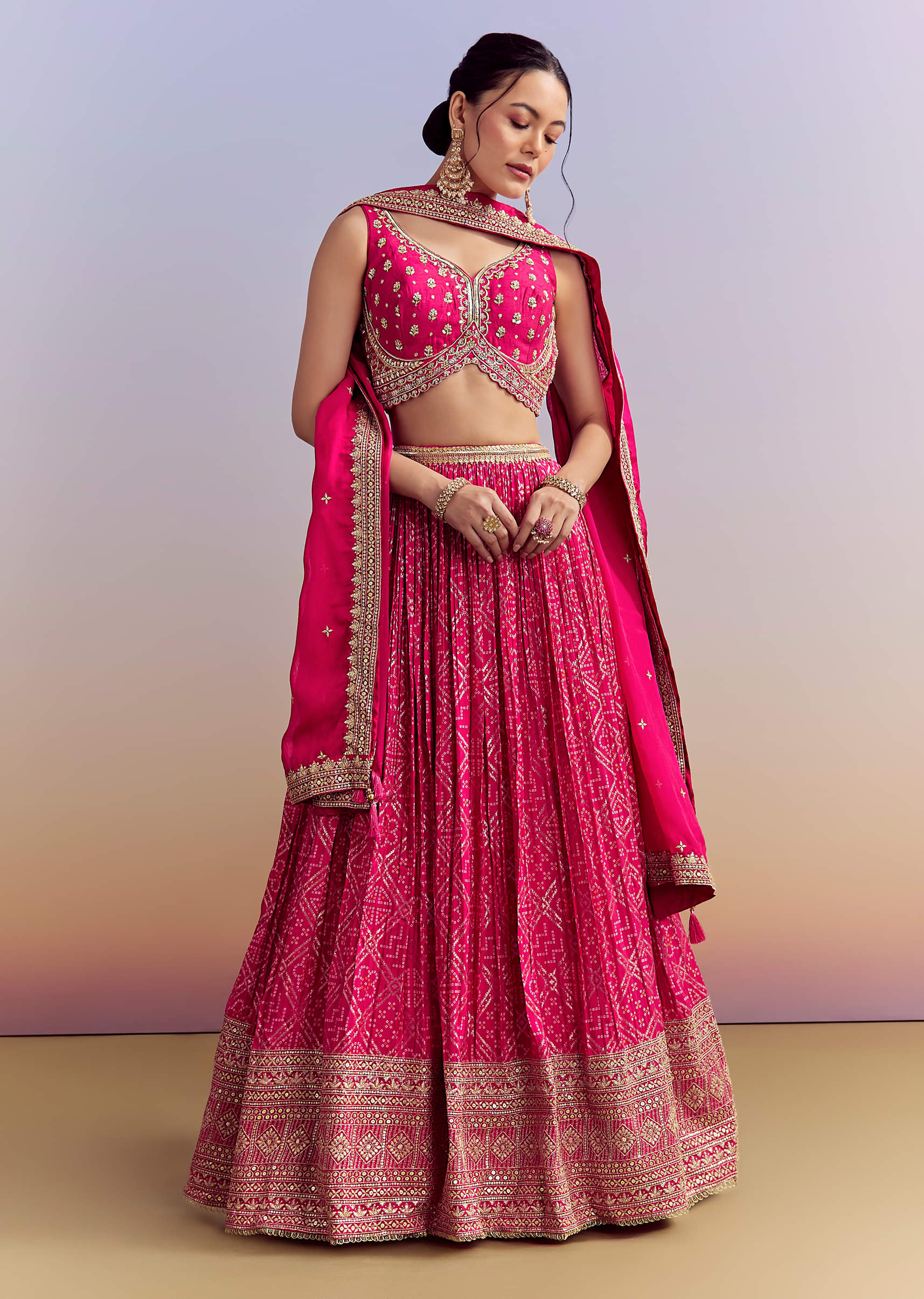 Pink Silk Bandhani Bridesmaid Lehenga With Zardosi Work - Image 8
