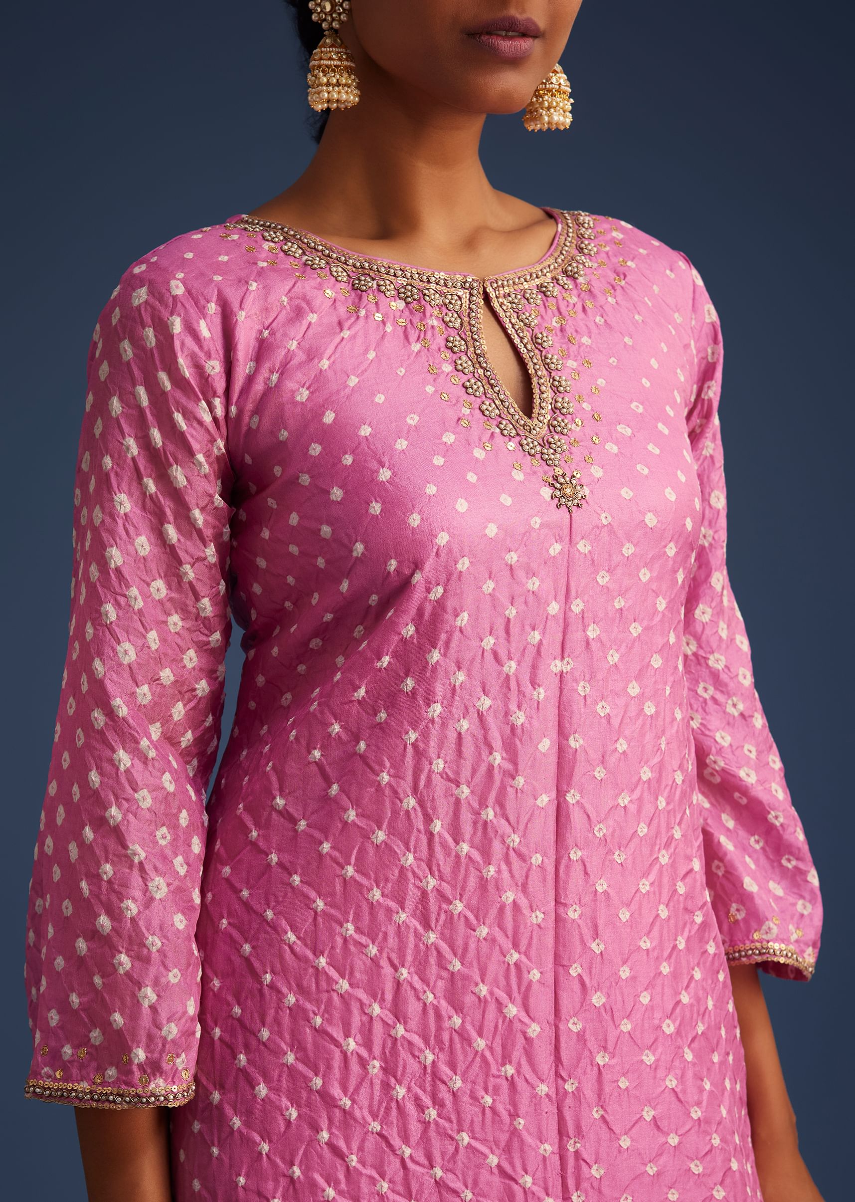 Pink Silk Bandhani Embroidered Asymmetrical Kurta Dhoti Set - Image 2