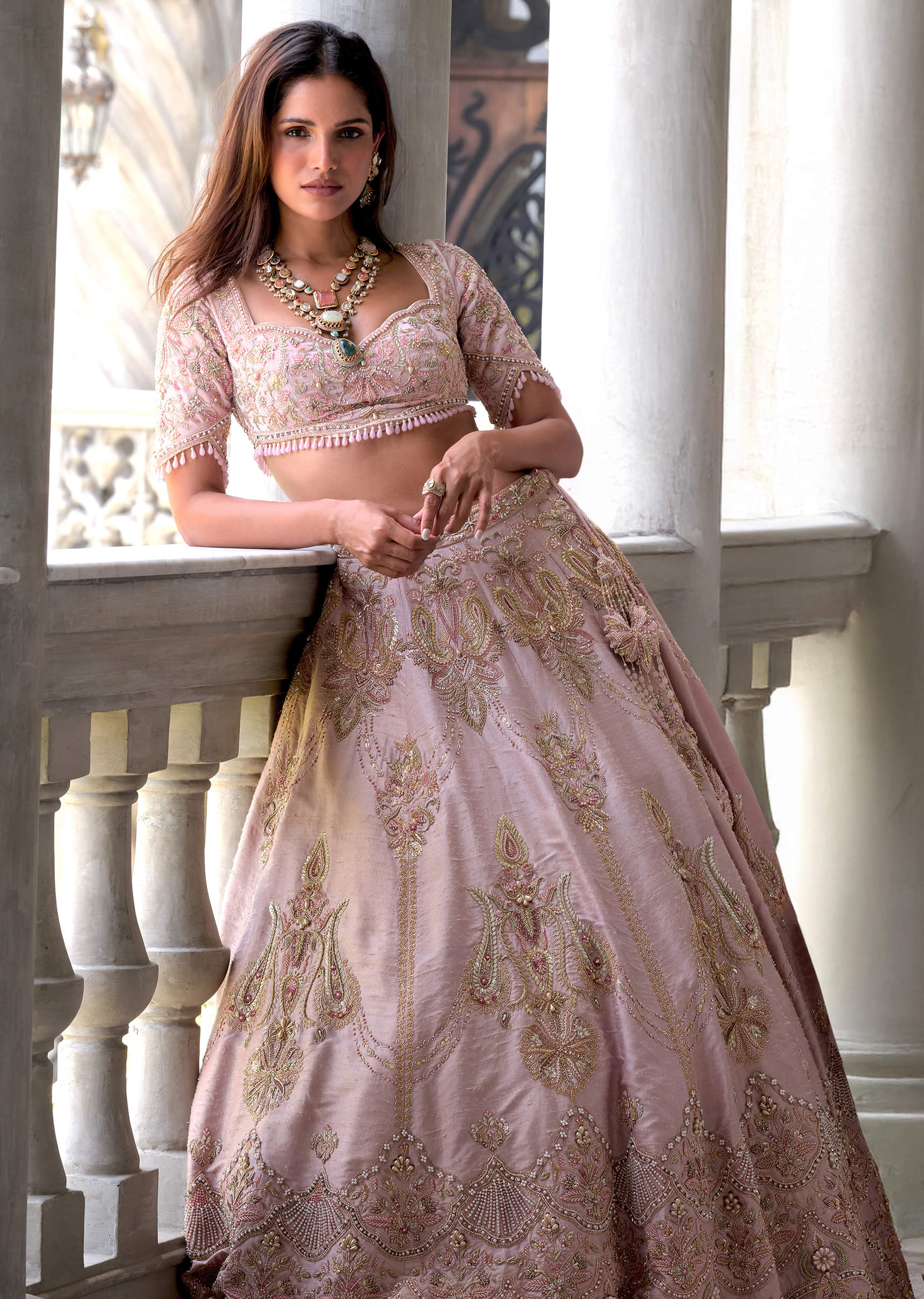 Pink Silk Bridal Lehenga With Embroidery And Embellished Detail - Image 3