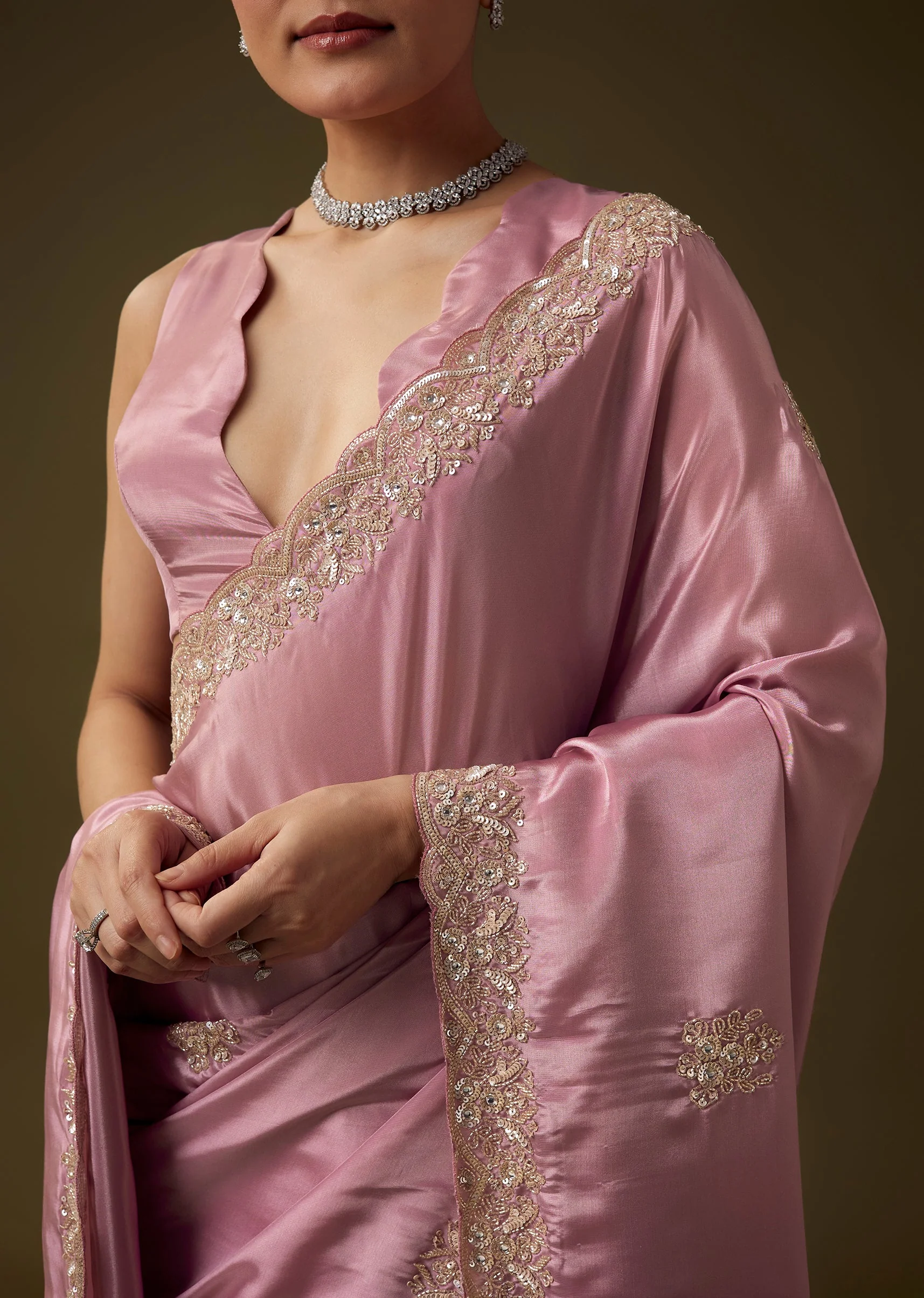 Pink Silk Butti Embroidered Saree with Unstitched Blouse - Image 2