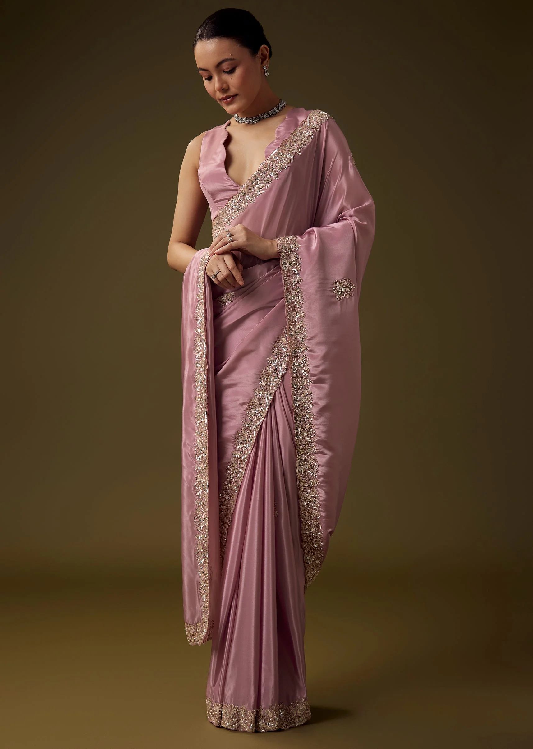 Pink Silk Butti Embroidered Saree with Unstitched Blouse - Image 3