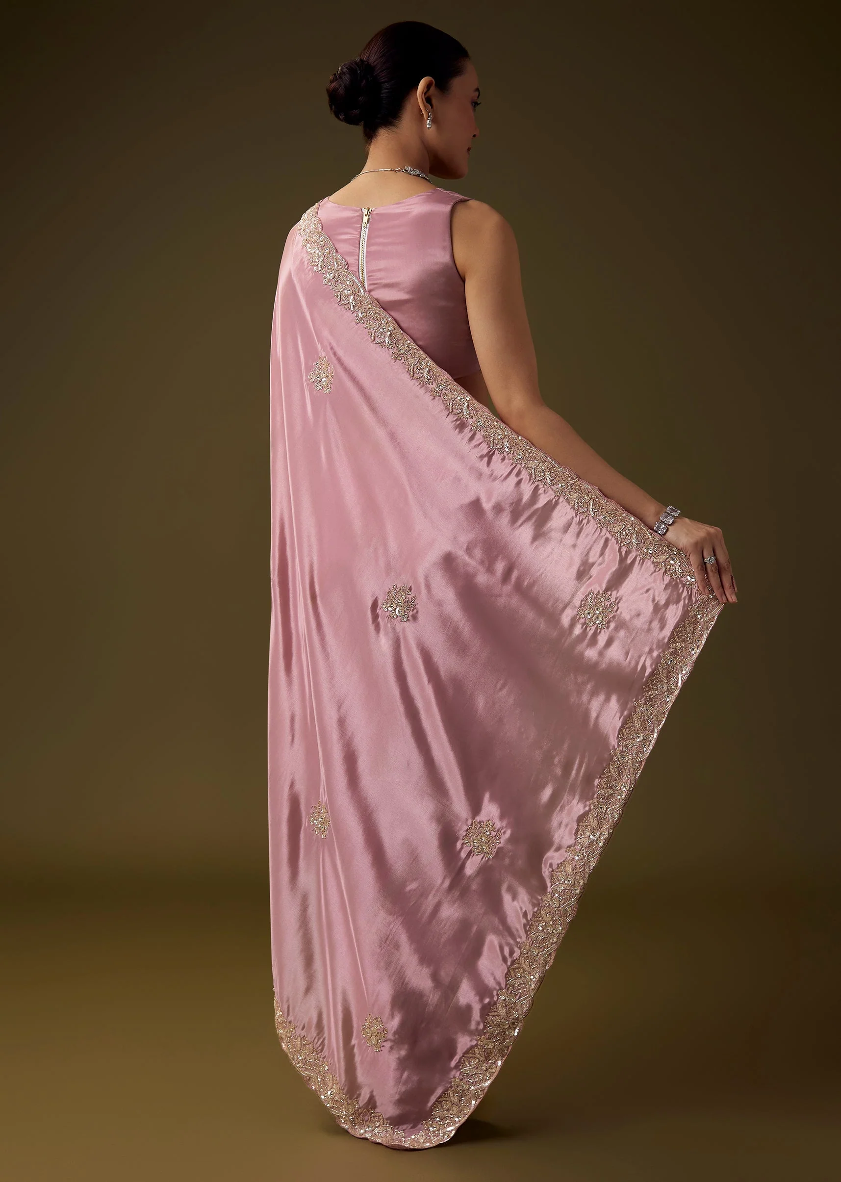 Pink Silk Butti Embroidered Saree with Unstitched Blouse - Image 4