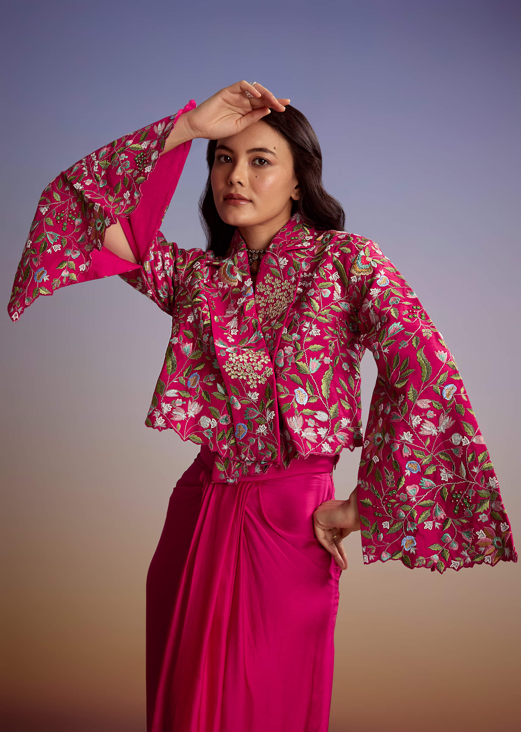 Pink Silk Crop Top Skirt With Resham Work - Image 4