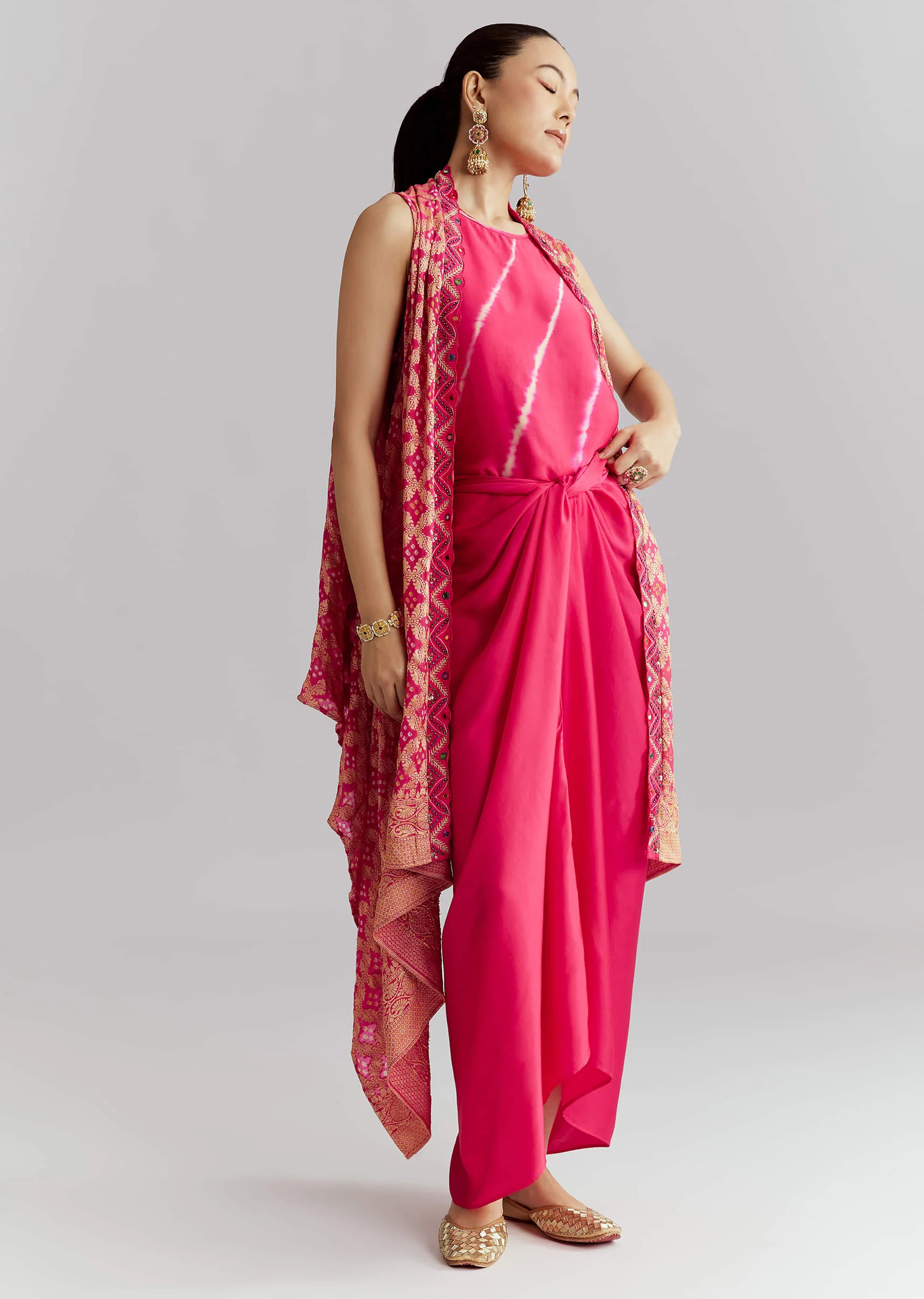 Pink Silk Crop Top And Wrap Skirt Set With Bandhani banarasi jacket - Image 3