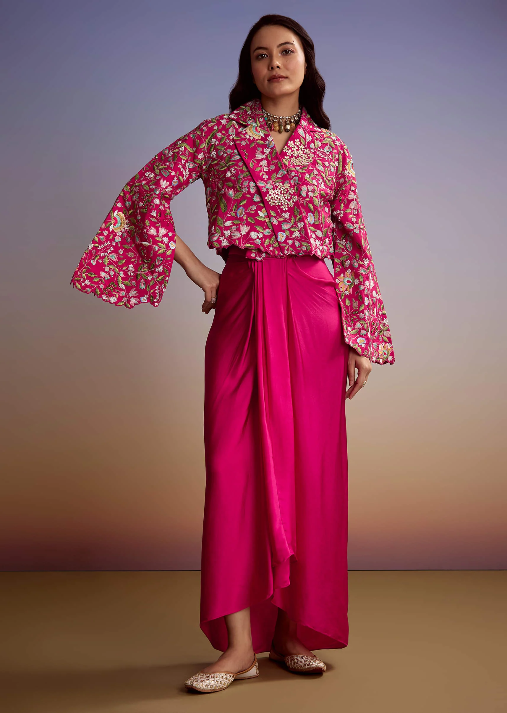 Pink Silk Crop Top Skirt With Resham Work - Image 6