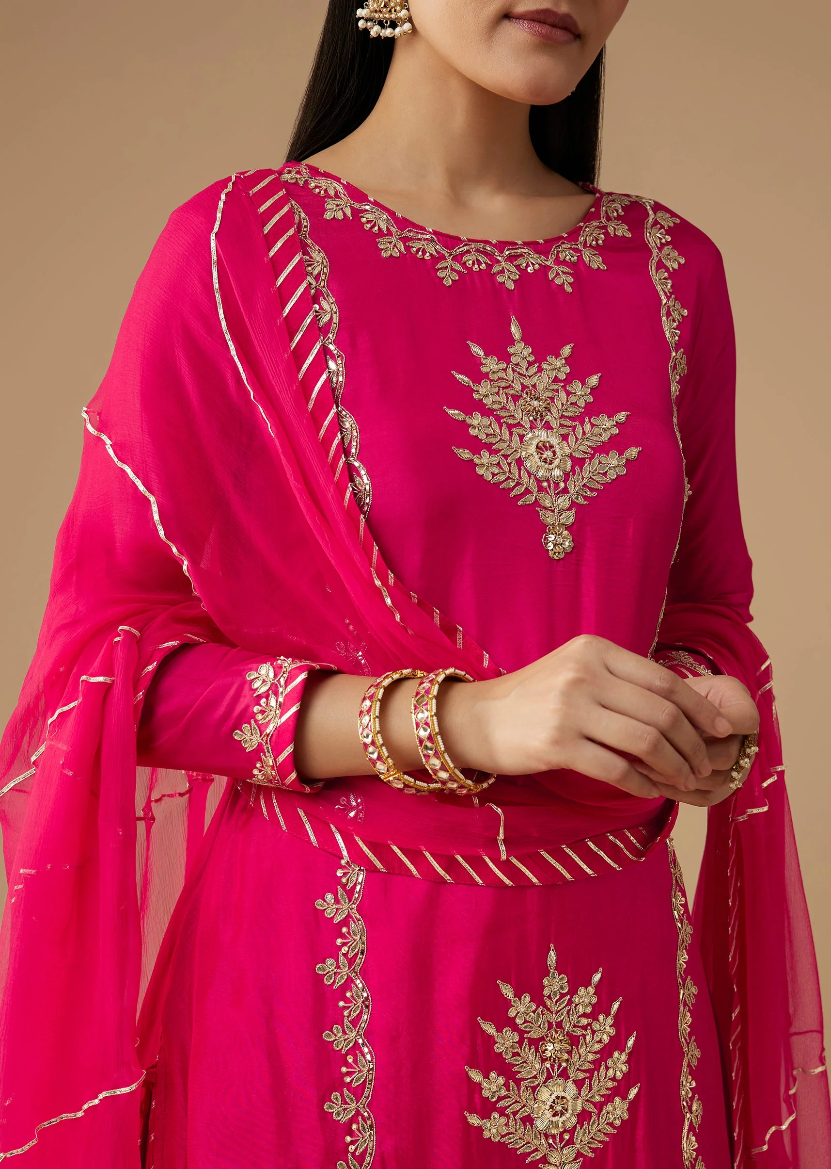 Pink Silk Embroidered Kurta And Palazzo Set - Image 2
