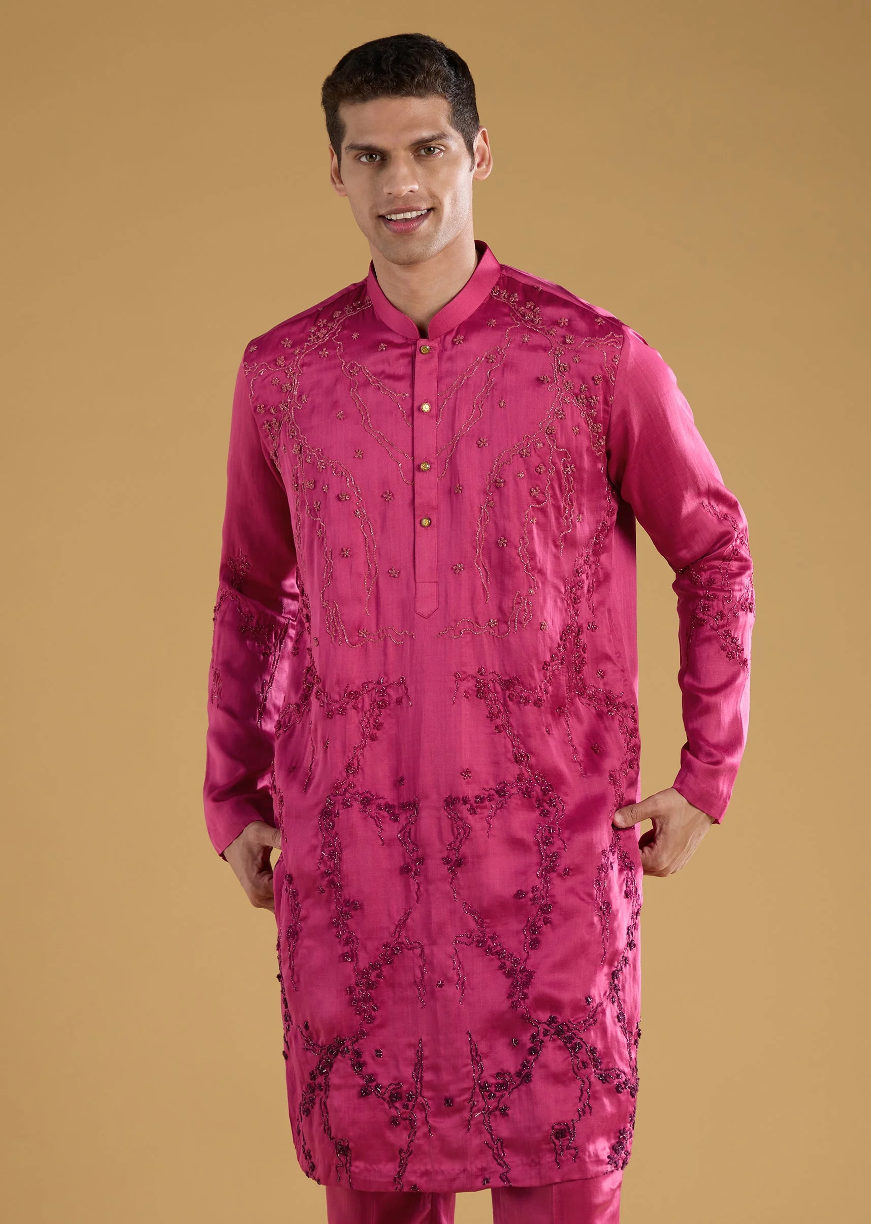 Pink Silk Embroidered Men's Kurta Set with Dupatta - Image 6