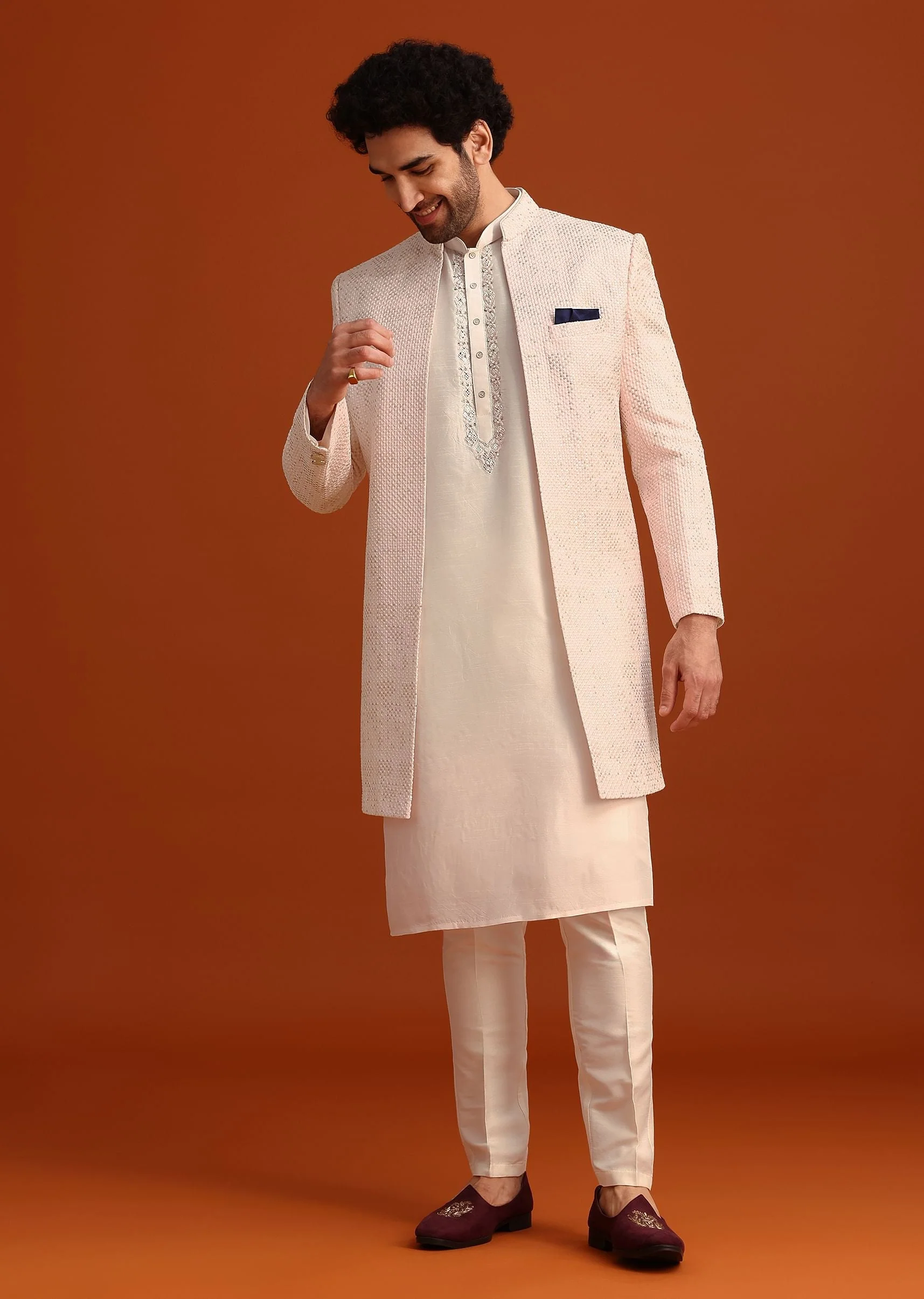 Pink Silk Embroidered Sherwani Set - Image 3