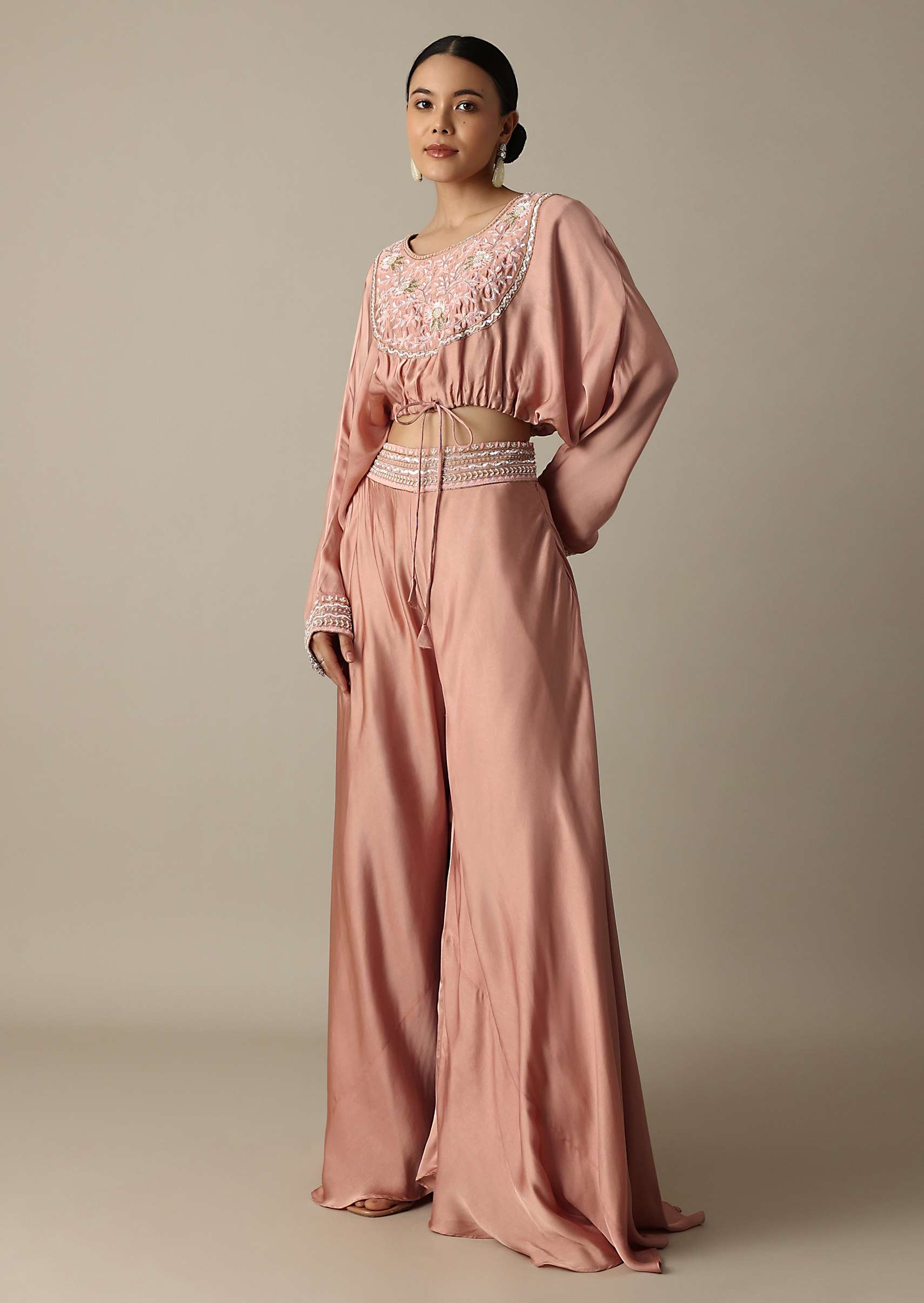 Pink Silk Embroidery Crop Top With Palazzo - Image 2