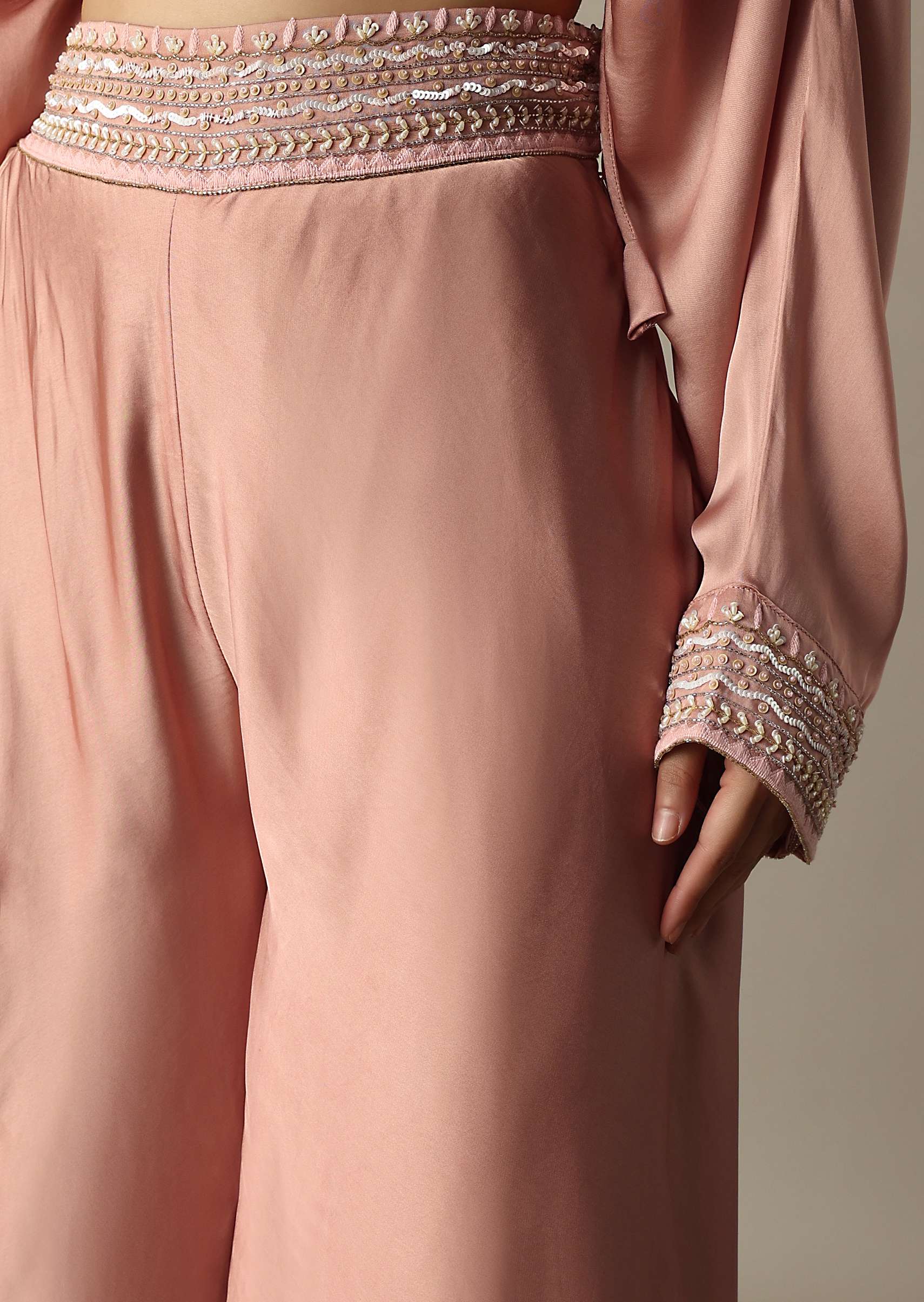 Pink Silk Embroidery Crop Top With Palazzo - Image 3