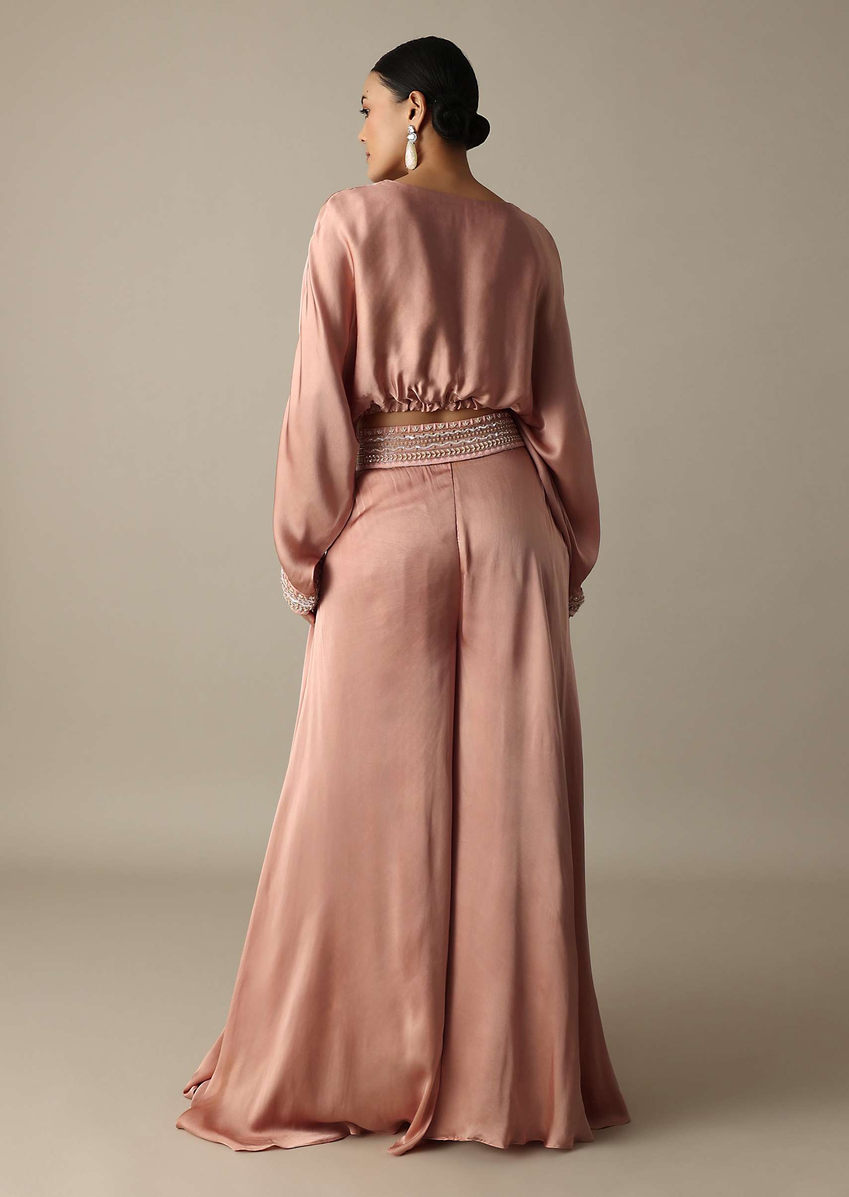 Pink Silk Embroidery Crop Top With Palazzo - Image 4