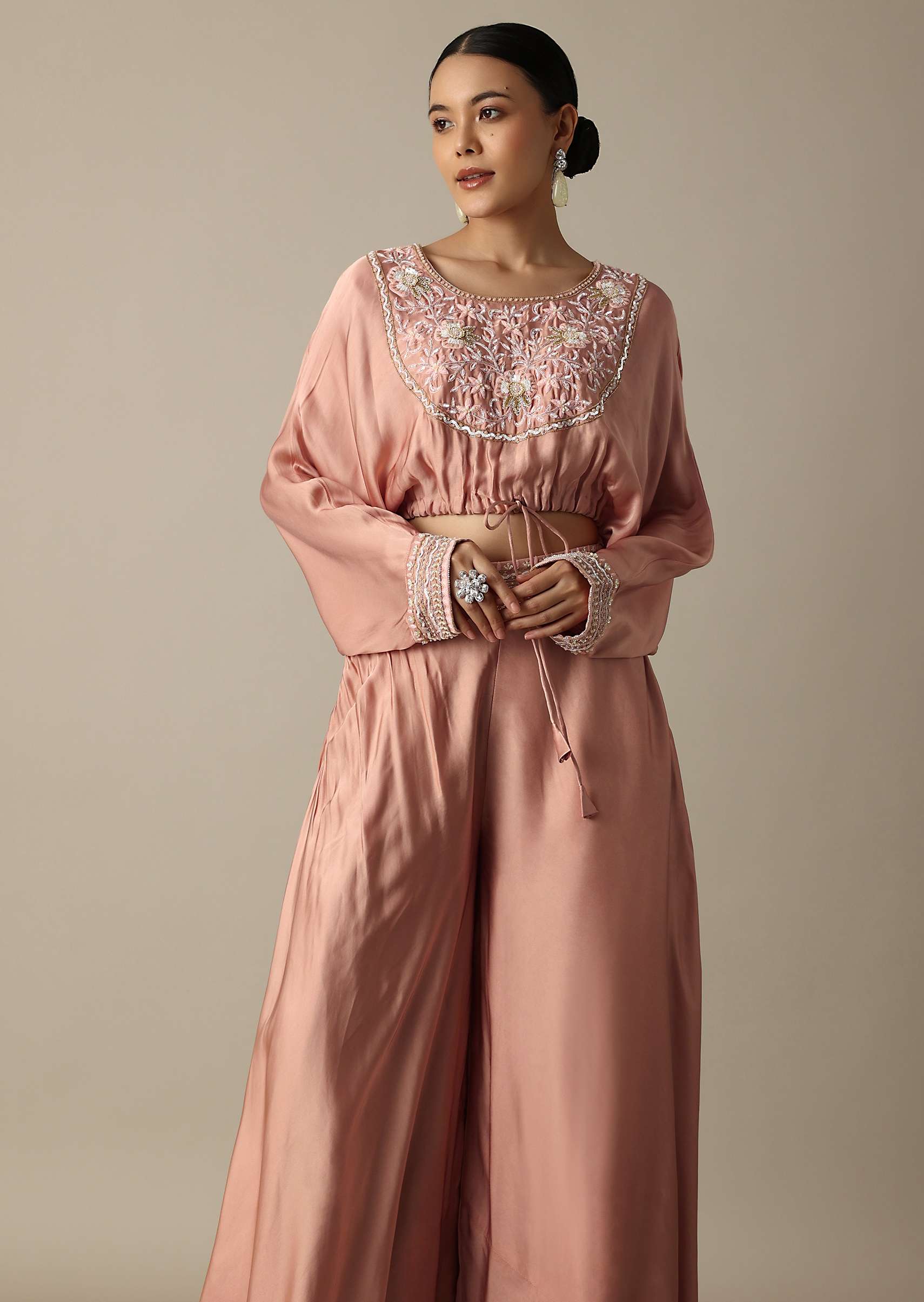 Pink Silk Embroidery Crop Top With Palazzo - Image 6