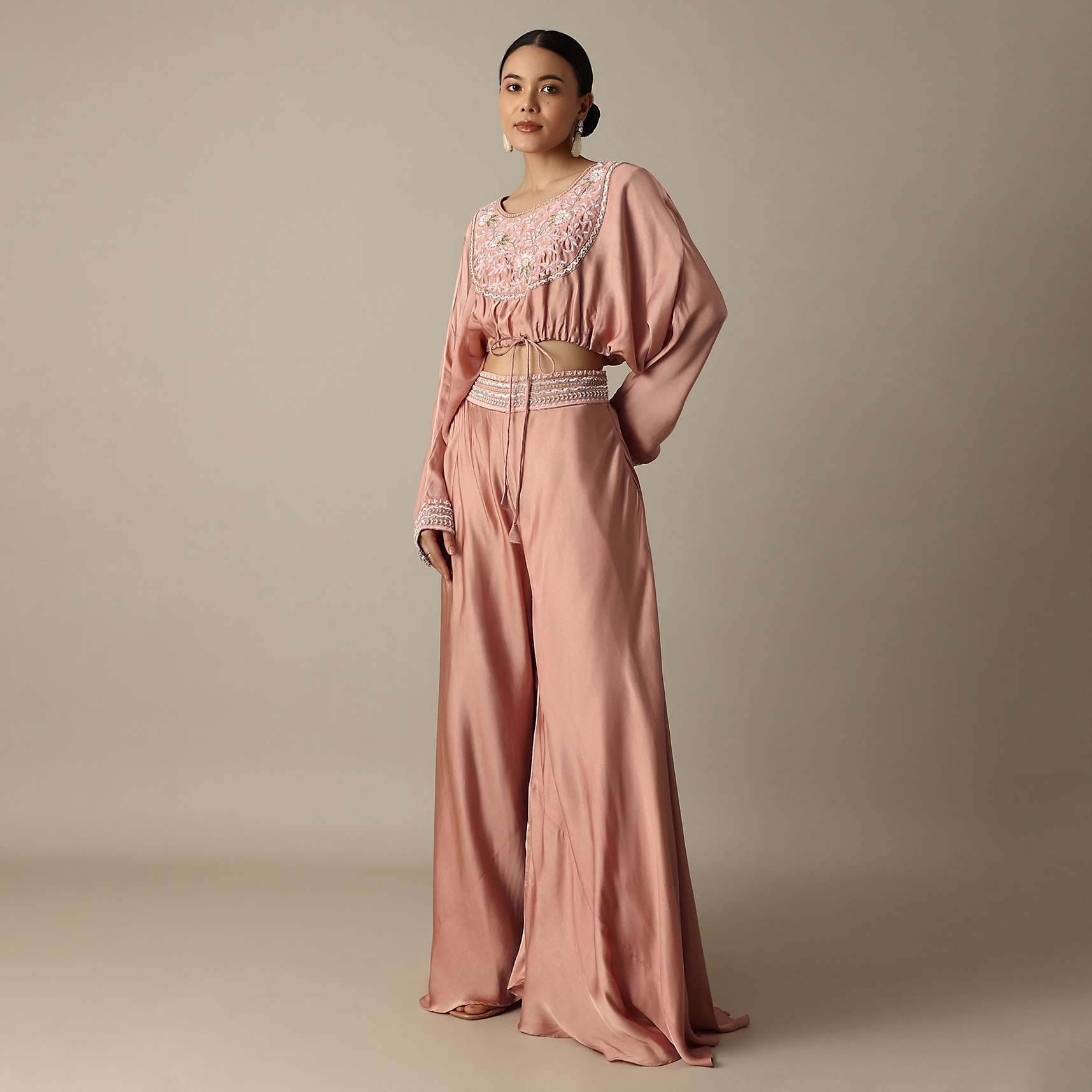 Pink Silk Embroidery Crop Top With Palazzo - Image 8