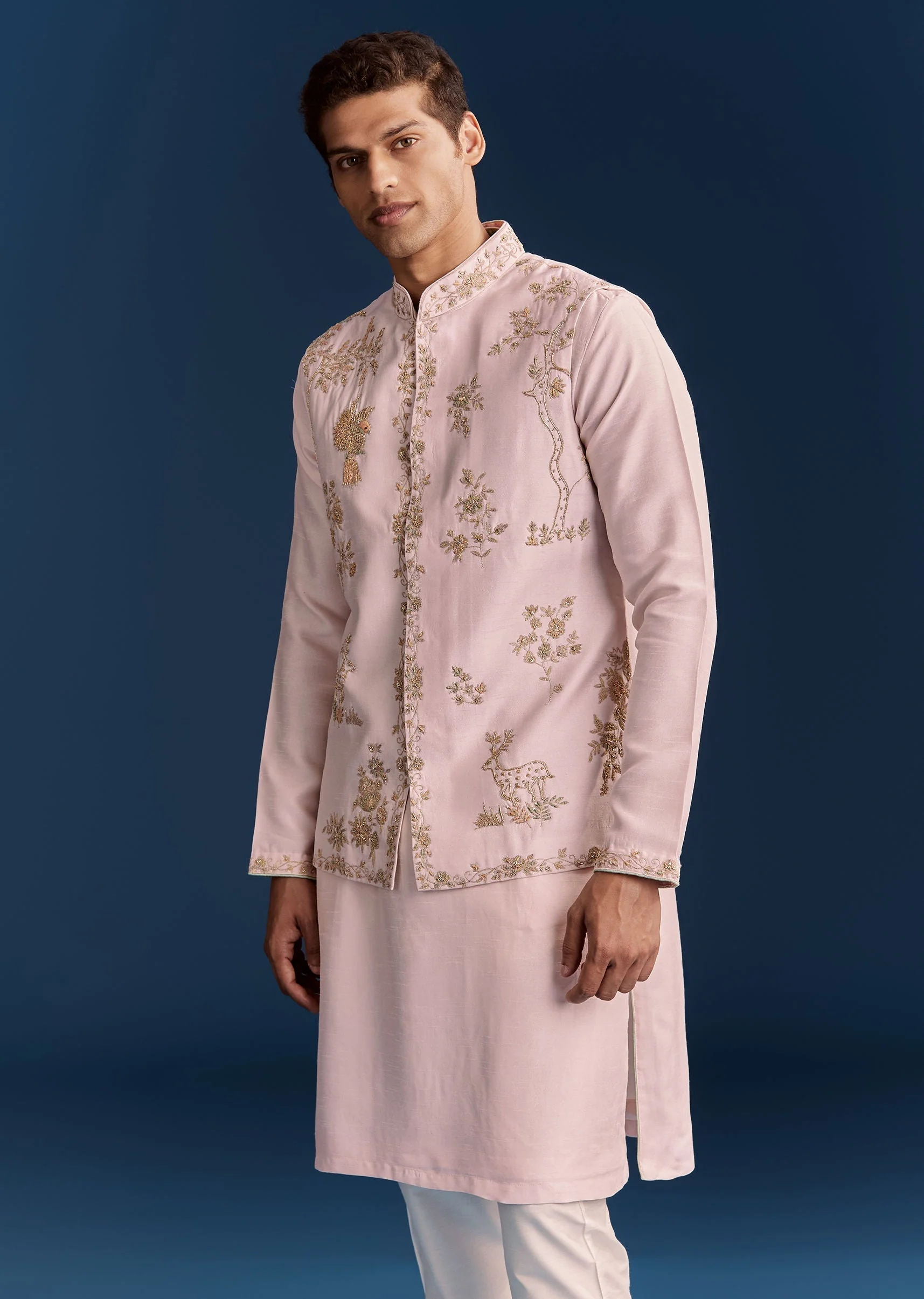 Pink Silk Floral Kurta Jacket Set With Resham And Cutdana Detailing - Image 3