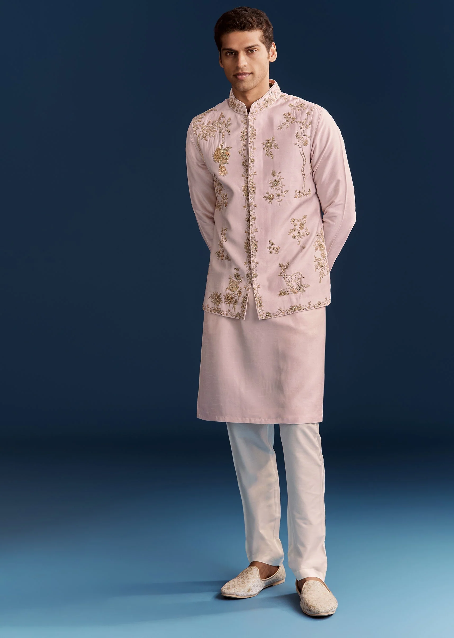 Pink Silk Floral Kurta Jacket Set With Resham And Cutdana Detailing - Image 4