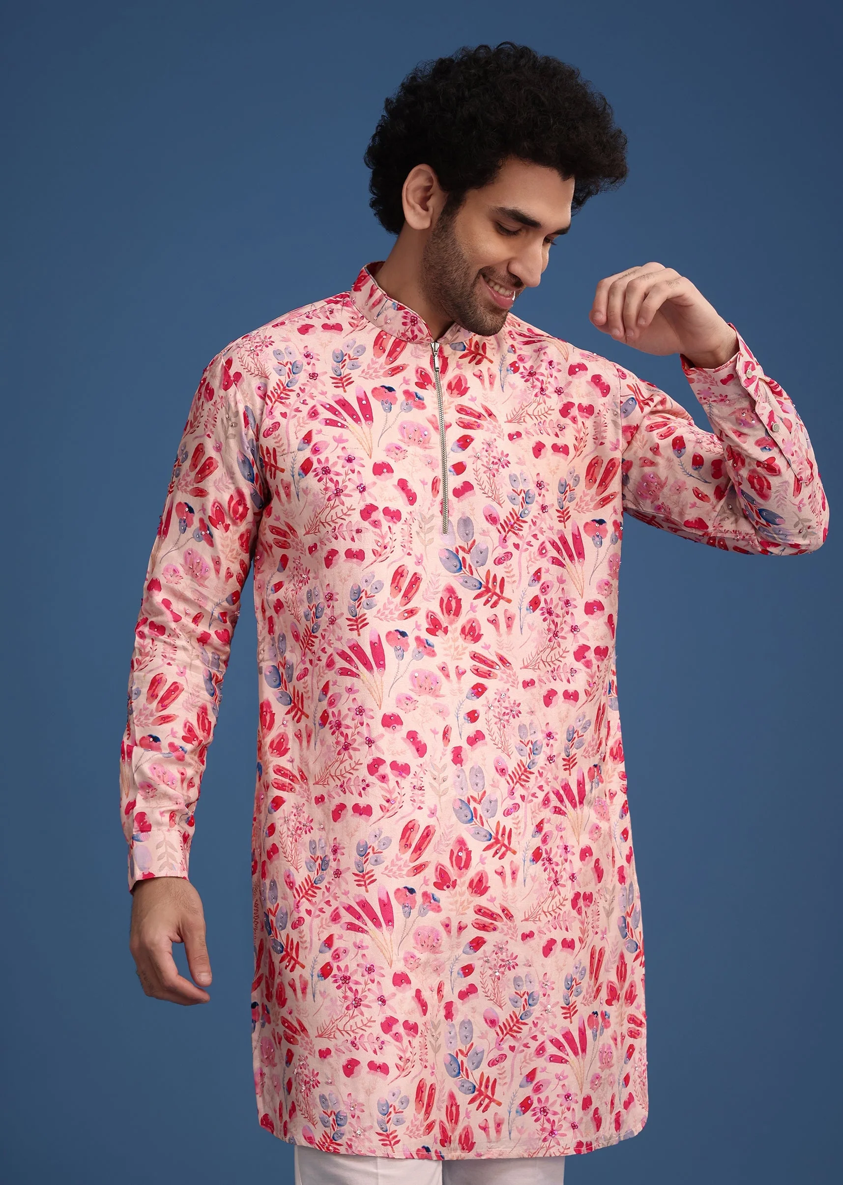 Pink Silk Floral Printed Kurta Set - Image 4