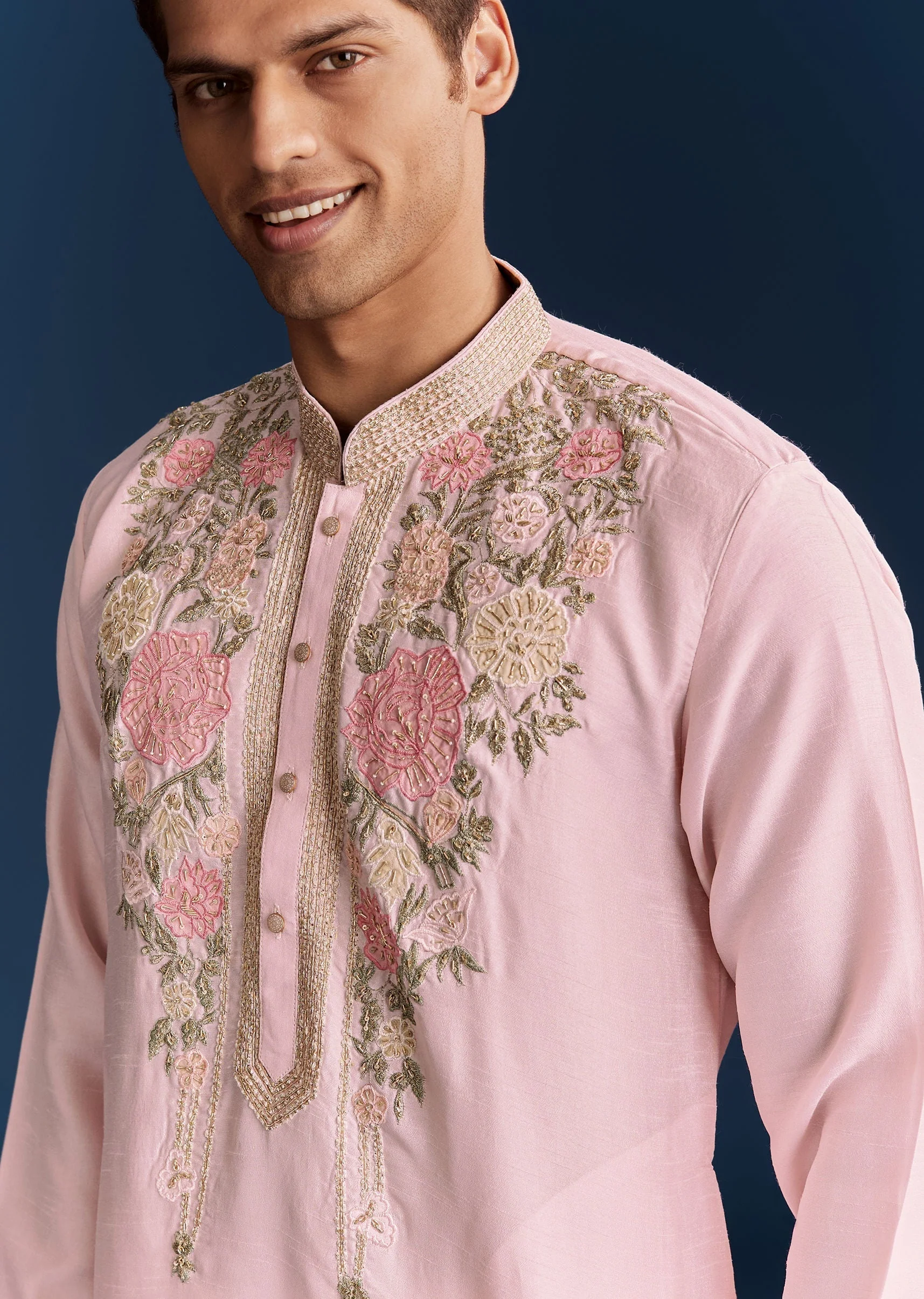Pink Silk Flroal Printed Kurta Set With Resham Work - Image 2