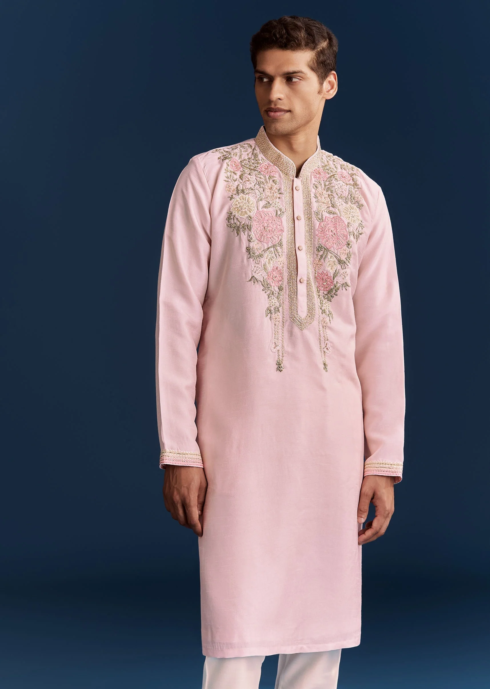 Pink Silk Flroal Printed Kurta Set With Resham Work - Image 4