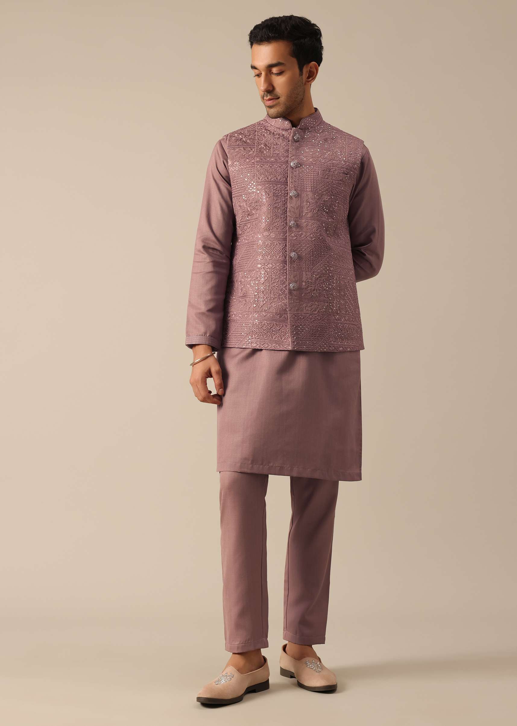 Pink Silk Indo Fusion Jacket Kurta Set - Image 3