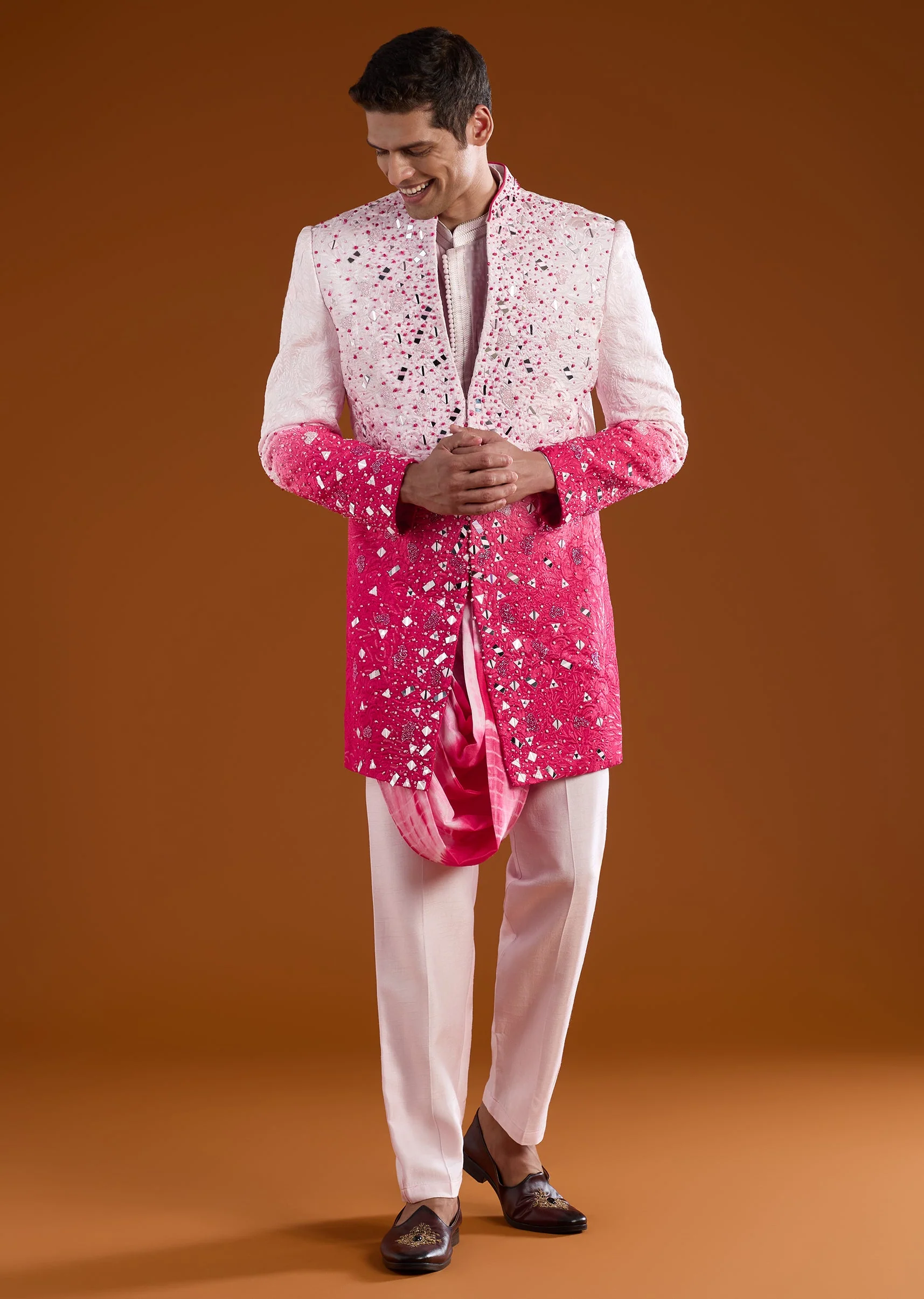 Pink Silk Indowestern Jacket Set with Mirror Work - Image 3