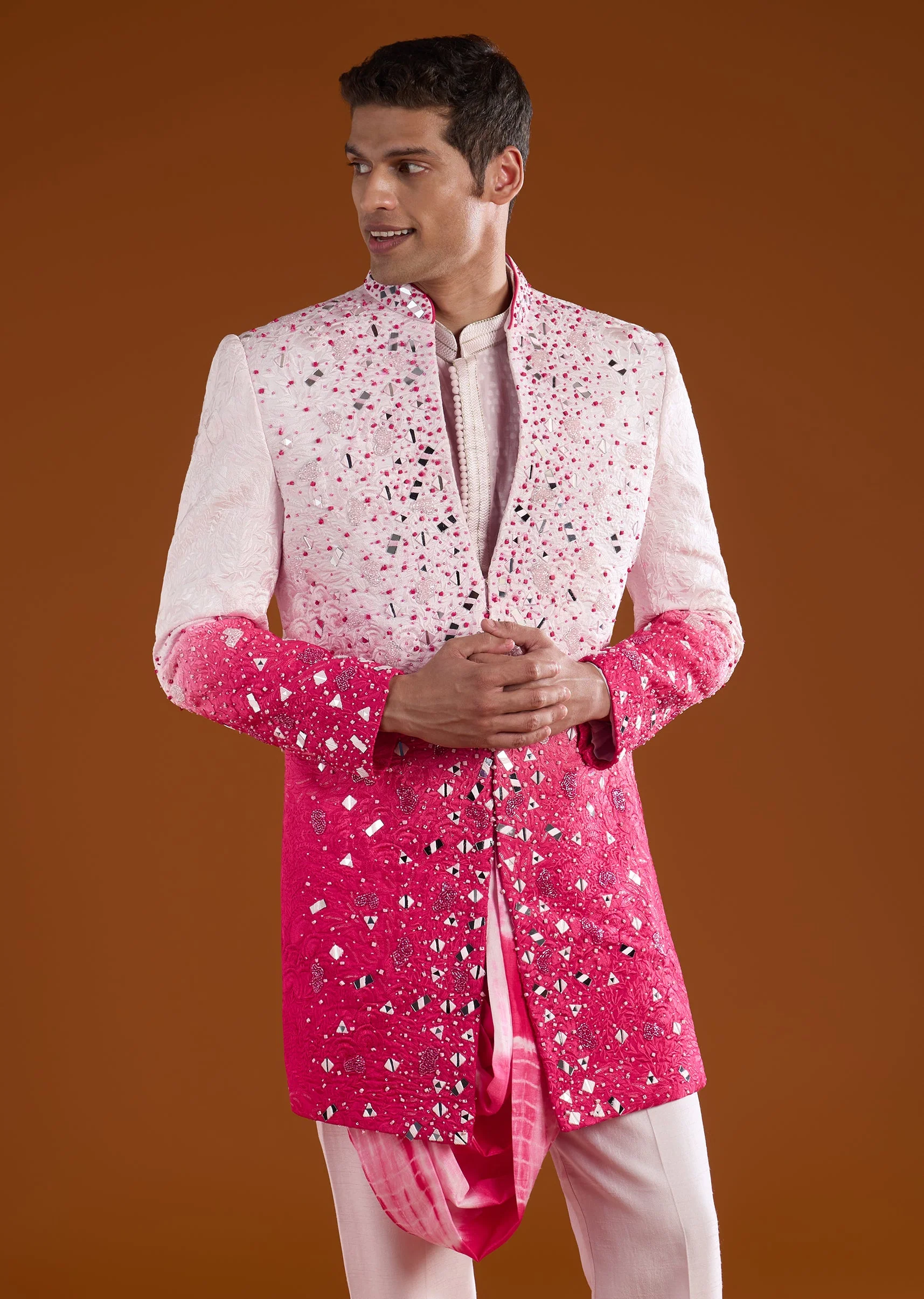 Pink Silk Indowestern Jacket Set with Mirror Work - Image 4