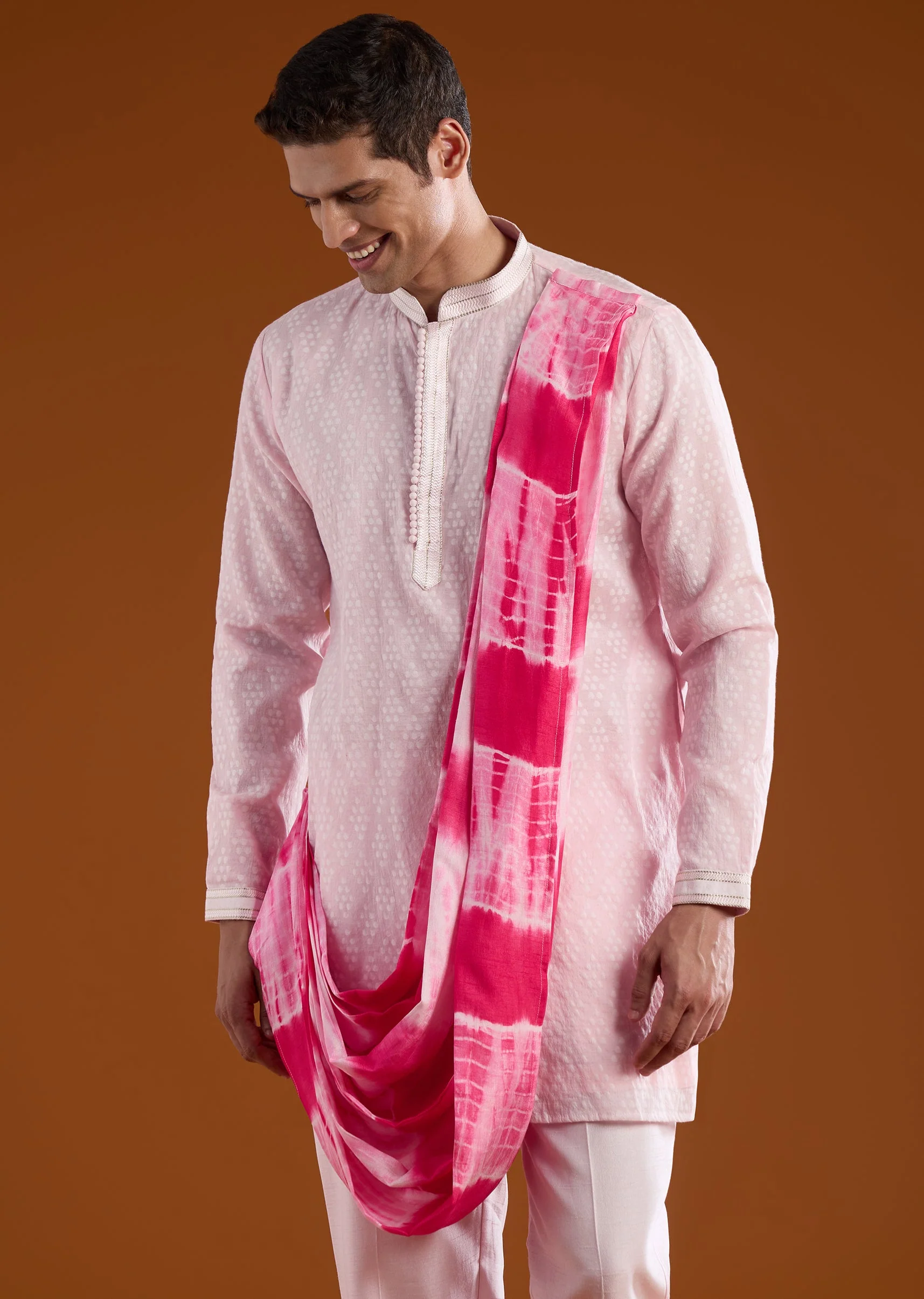 Pink Silk Indowestern Jacket Set with Mirror Work - Image 6