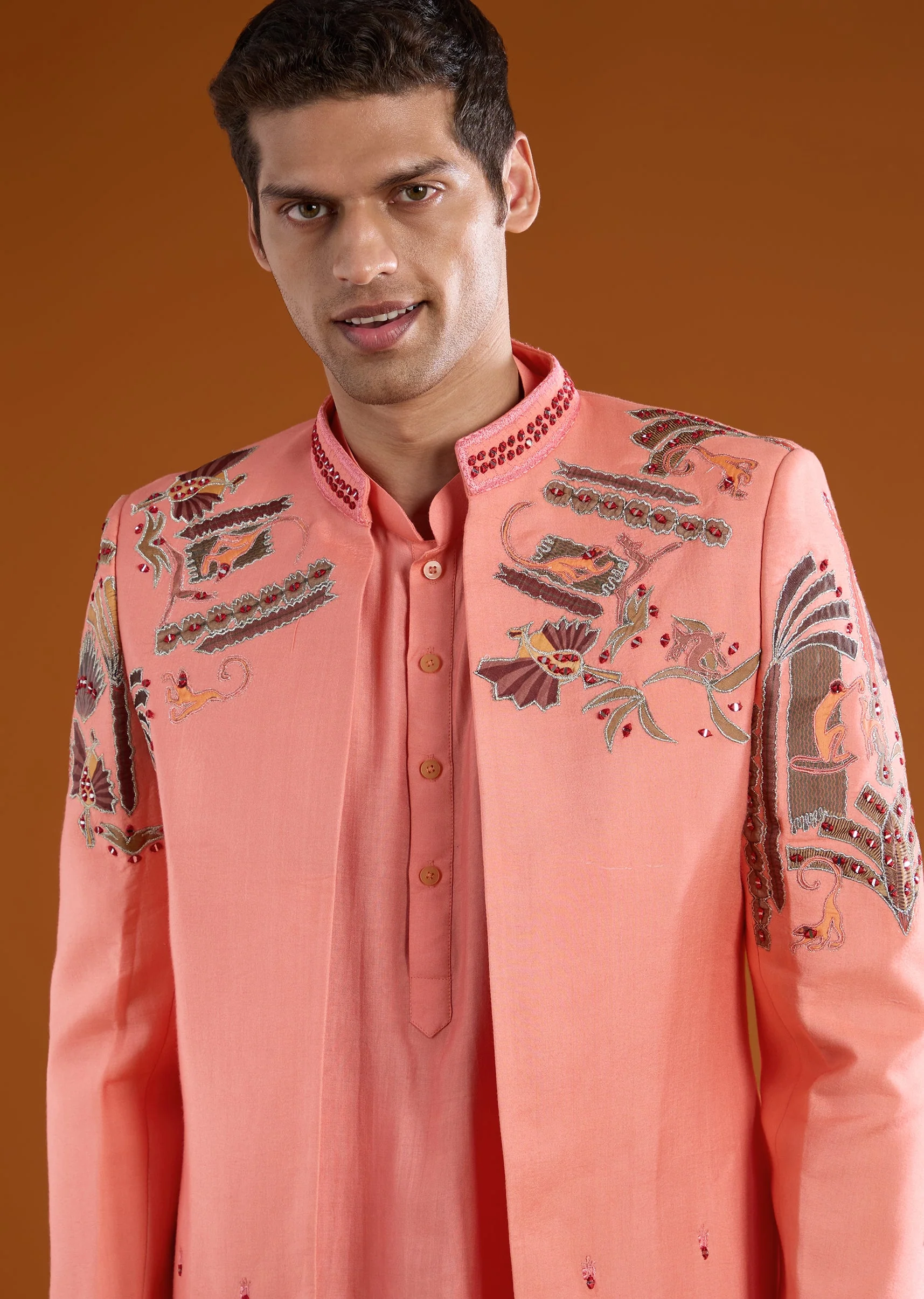 Pink Silk Indowestern Kurta Set with Patchwork - Image 2