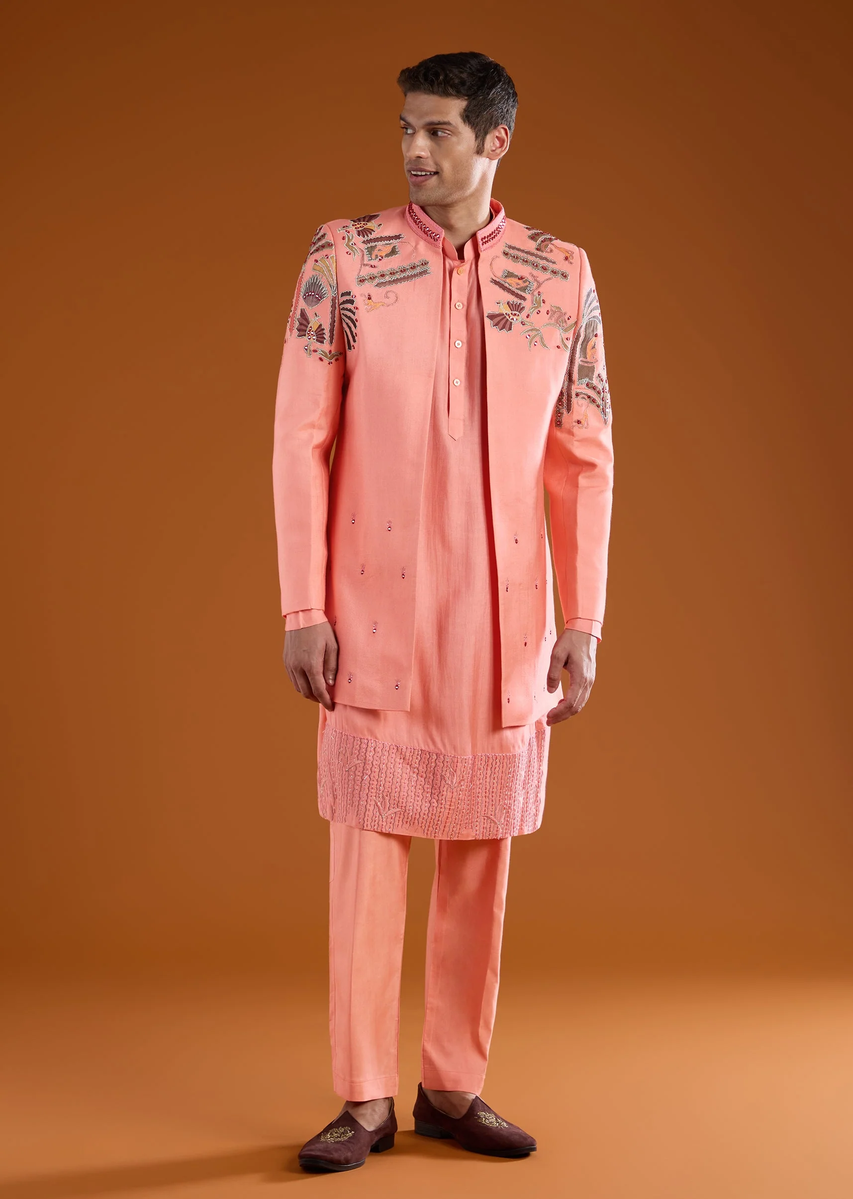 Pink Silk Indowestern Kurta Set with Patchwork - Image 3