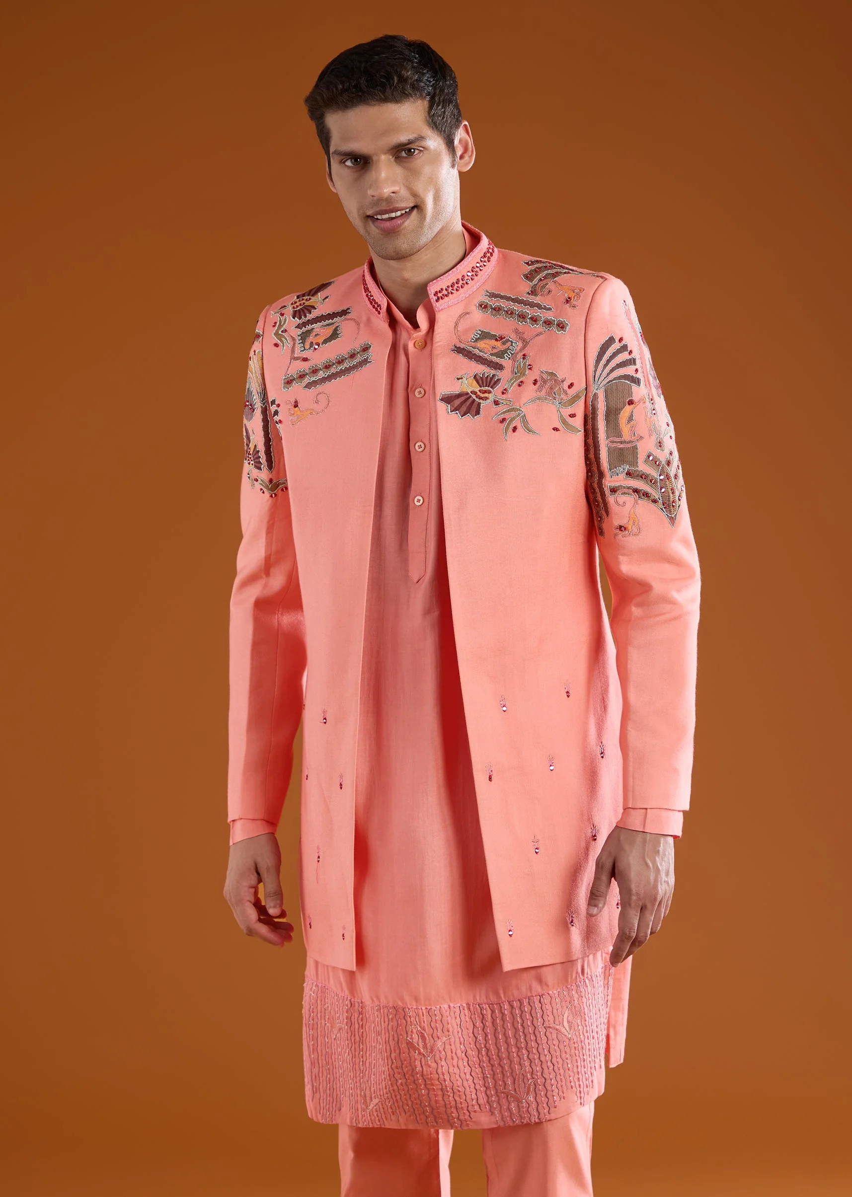 Pink Silk Indowestern Kurta Set with Patchwork - Image 4