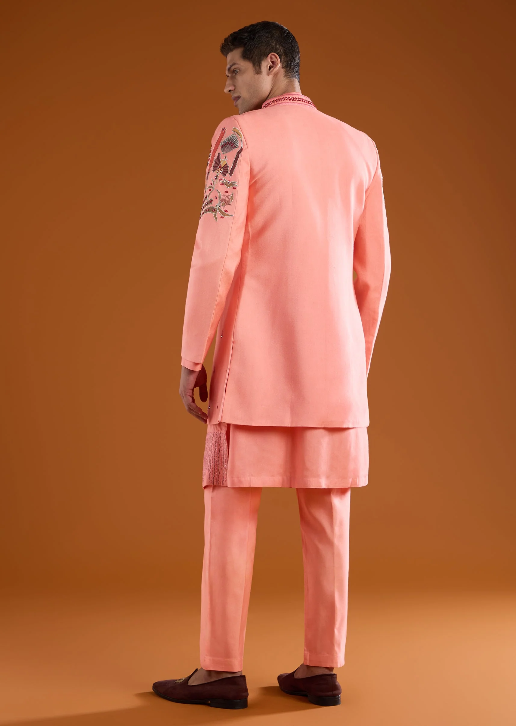 Pink Silk Indowestern Kurta Set with Patchwork - Image 5