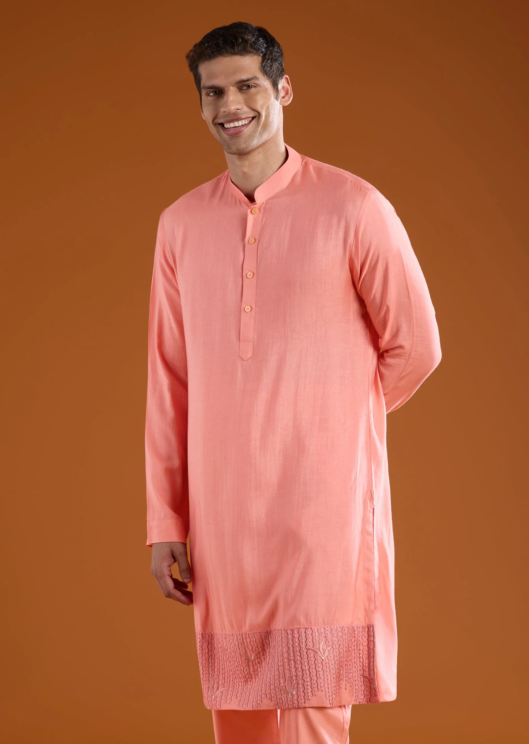 Pink Silk Indowestern Kurta Set with Patchwork - Image 6