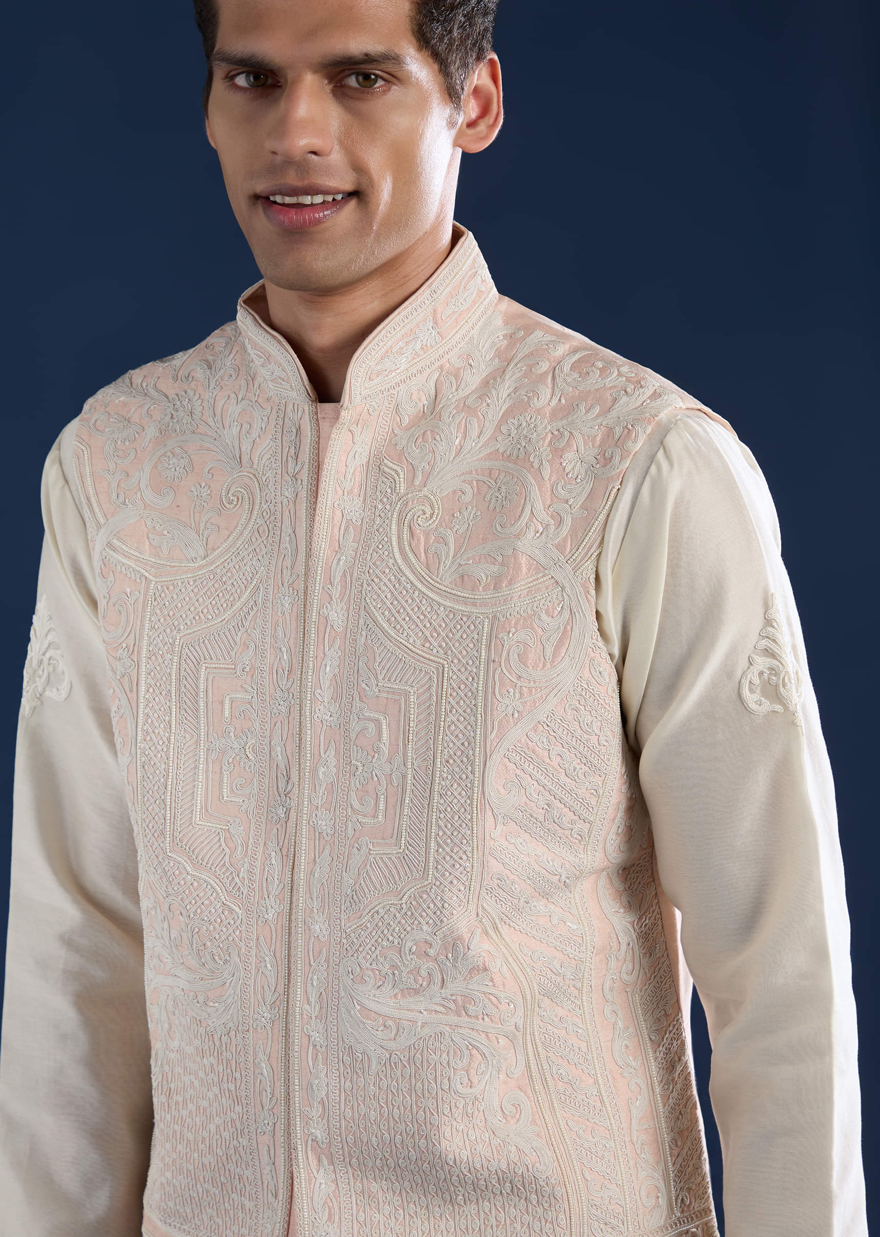 Pink Silk Jacket Kurta Set with Dori Work - Image 2