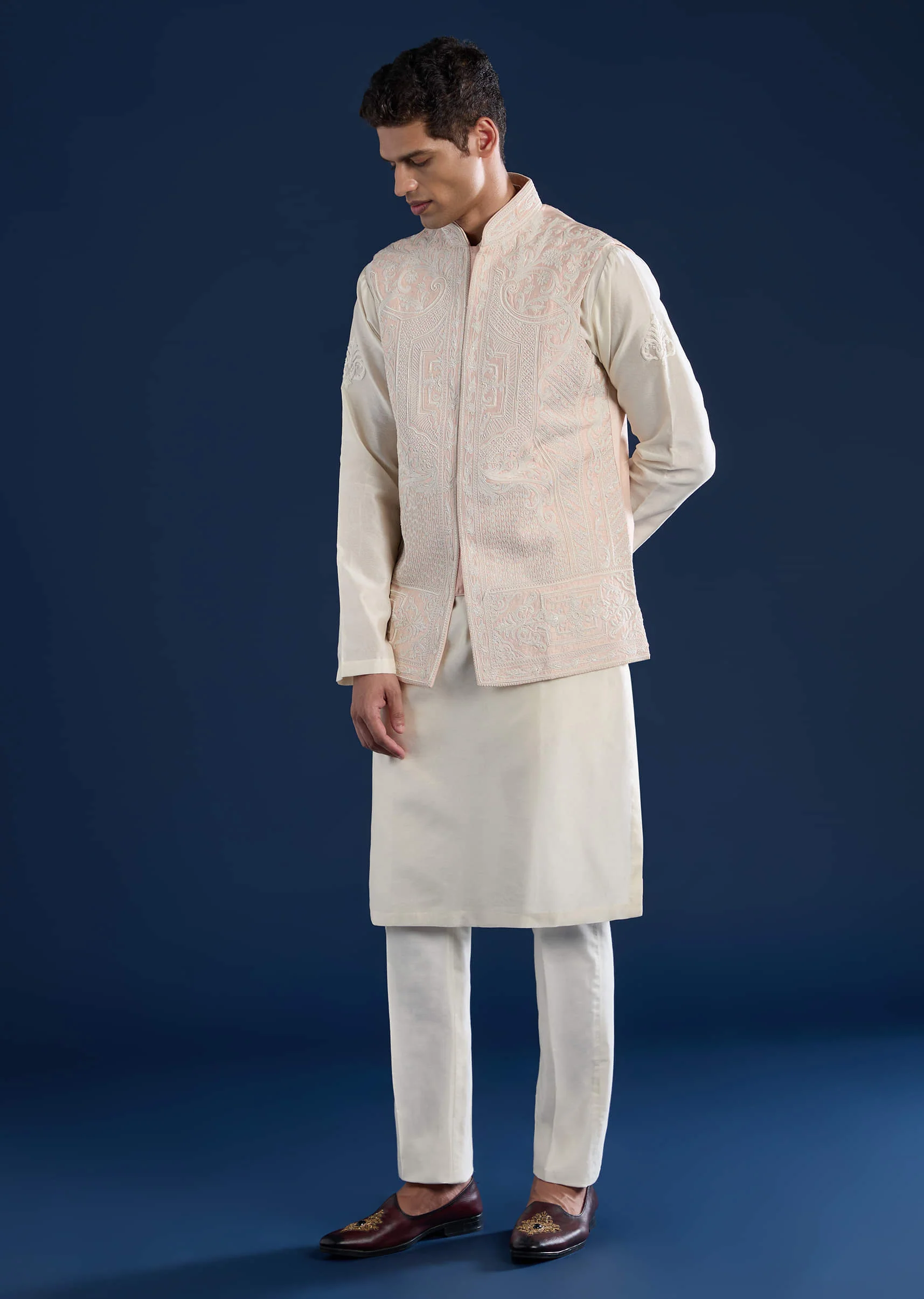 Pink Silk Jacket Kurta Set with Dori Work - Image 3