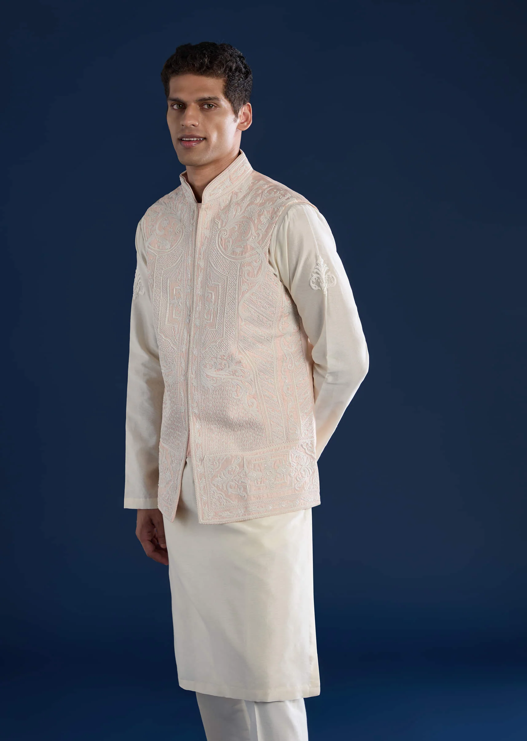Pink Silk Jacket Kurta Set with Dori Work - Image 4