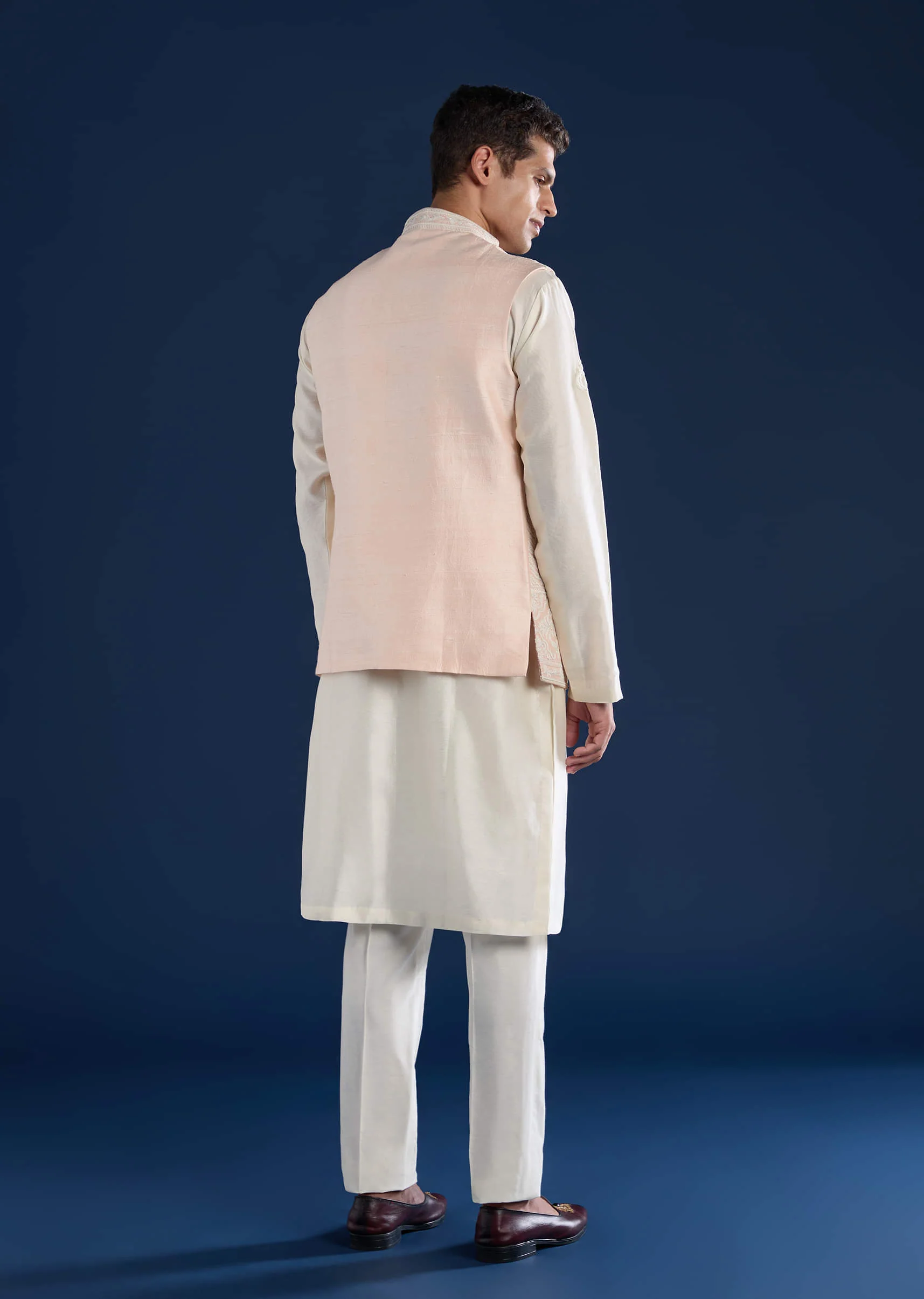 Pink Silk Jacket Kurta Set with Dori Work - Image 5