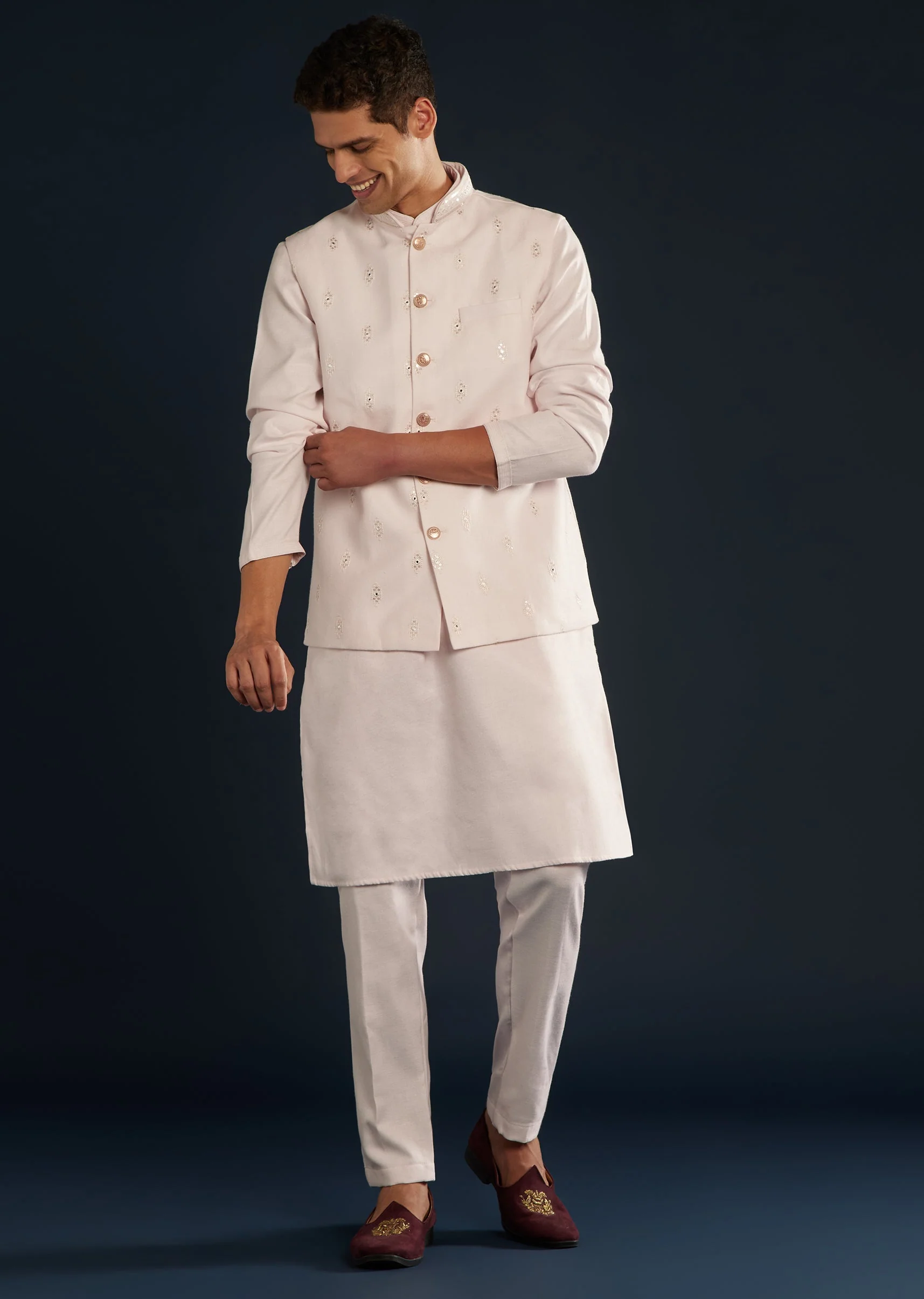 Pink Silk Jacket Kurta Set With Resham Sequins Work