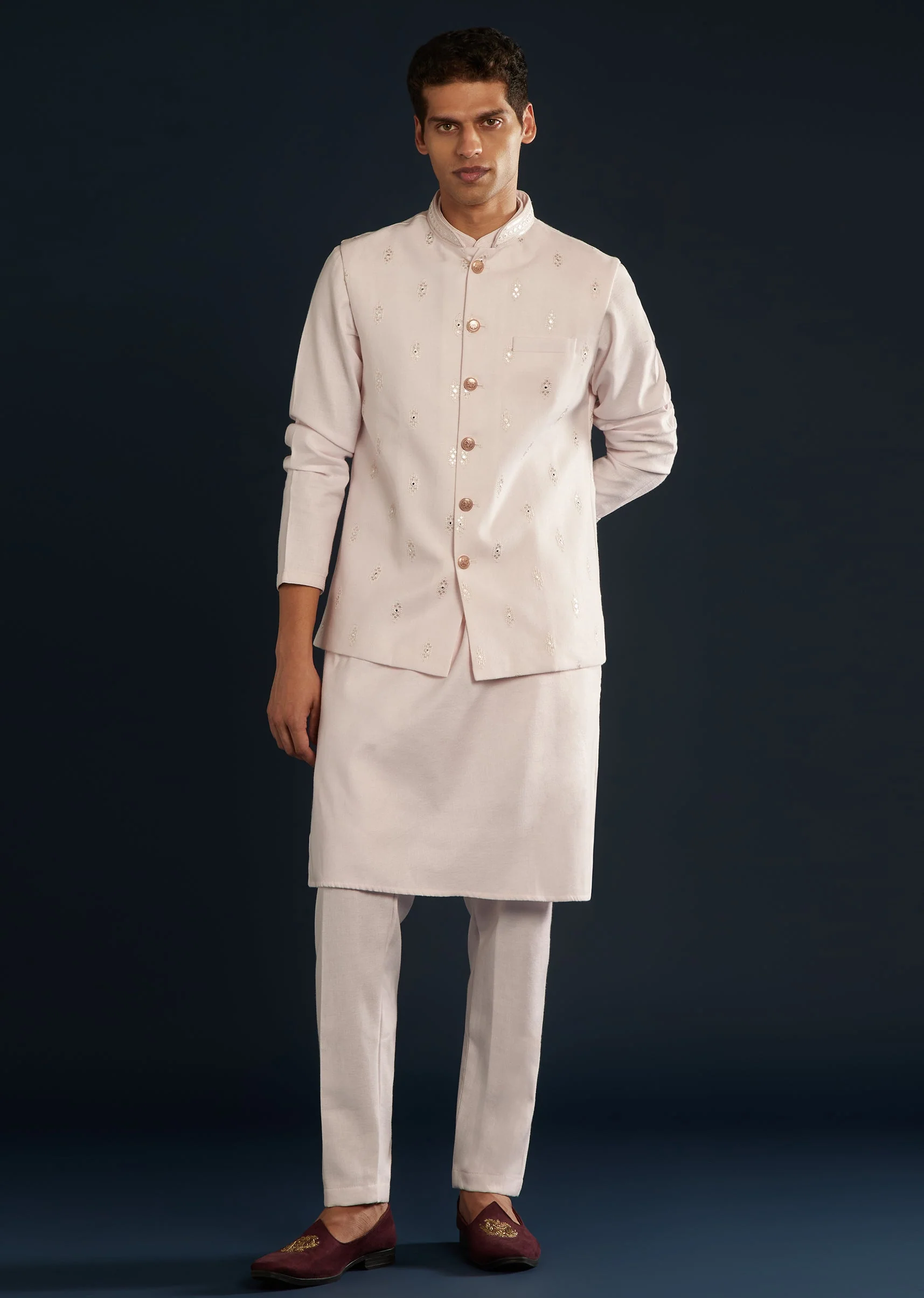 Pink Silk Jacket Kurta Set With Resham Sequins Work - Image 3