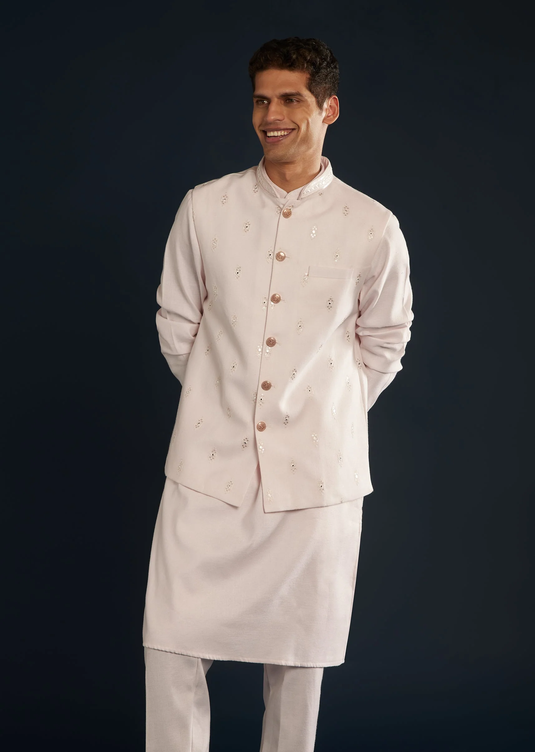 Pink Silk Jacket Kurta Set With Resham Sequins Work - Image 4