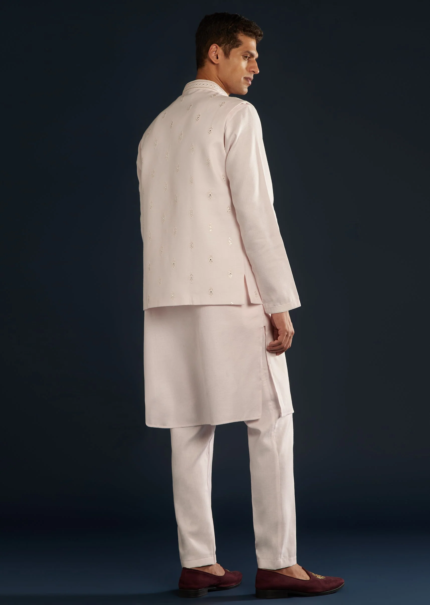 Pink Silk Jacket Kurta Set With Resham Sequins Work - Image 5