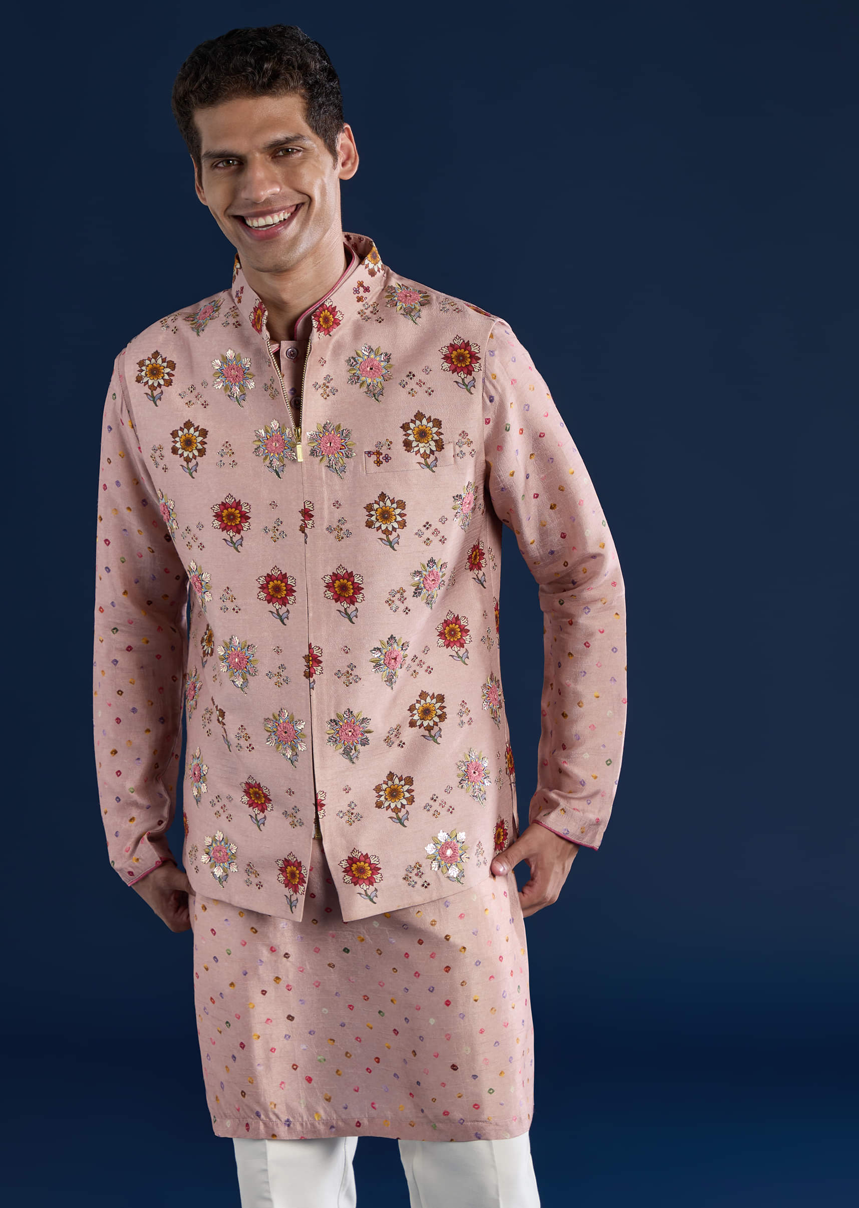 Pink Silk Jacket Kurta Set with Zari Embroidery - Image 4