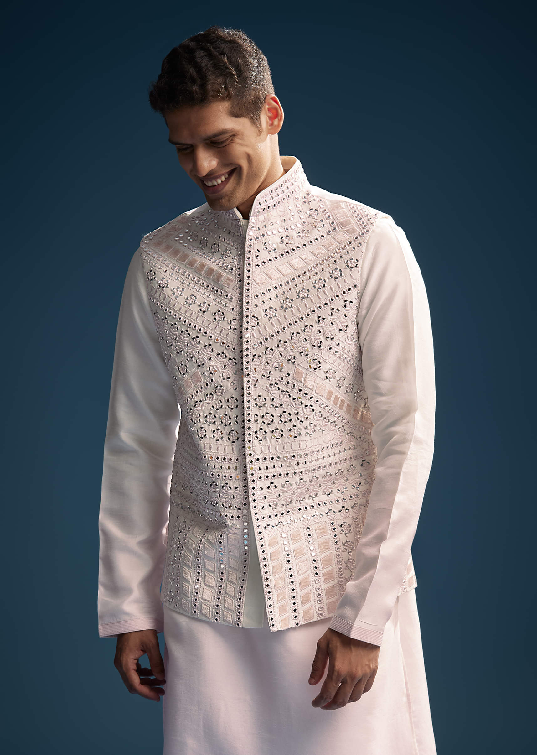 Pink Silk Kurta Jacket Set For Men With Mirror And Patch Work - Image 3