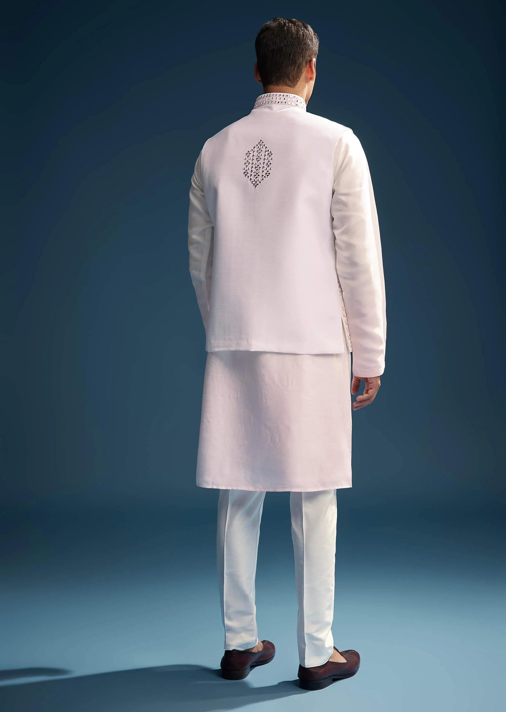 Pink Silk Kurta Jacket Set For Men With Mirror And Patch Work - Image 5
