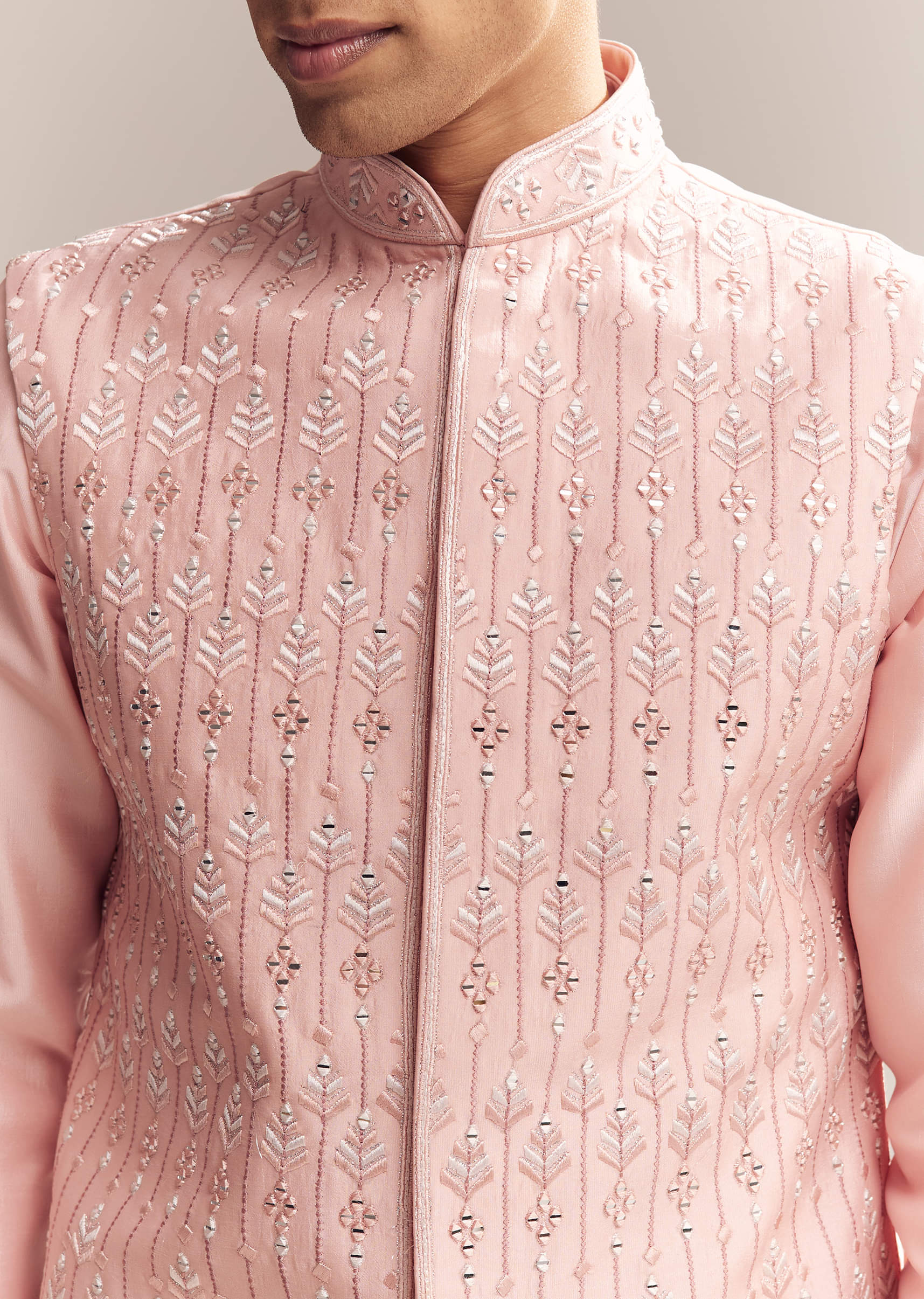 Pink Silk Kurta Jacket Set For Men With Mirror Embroidery - Image 2