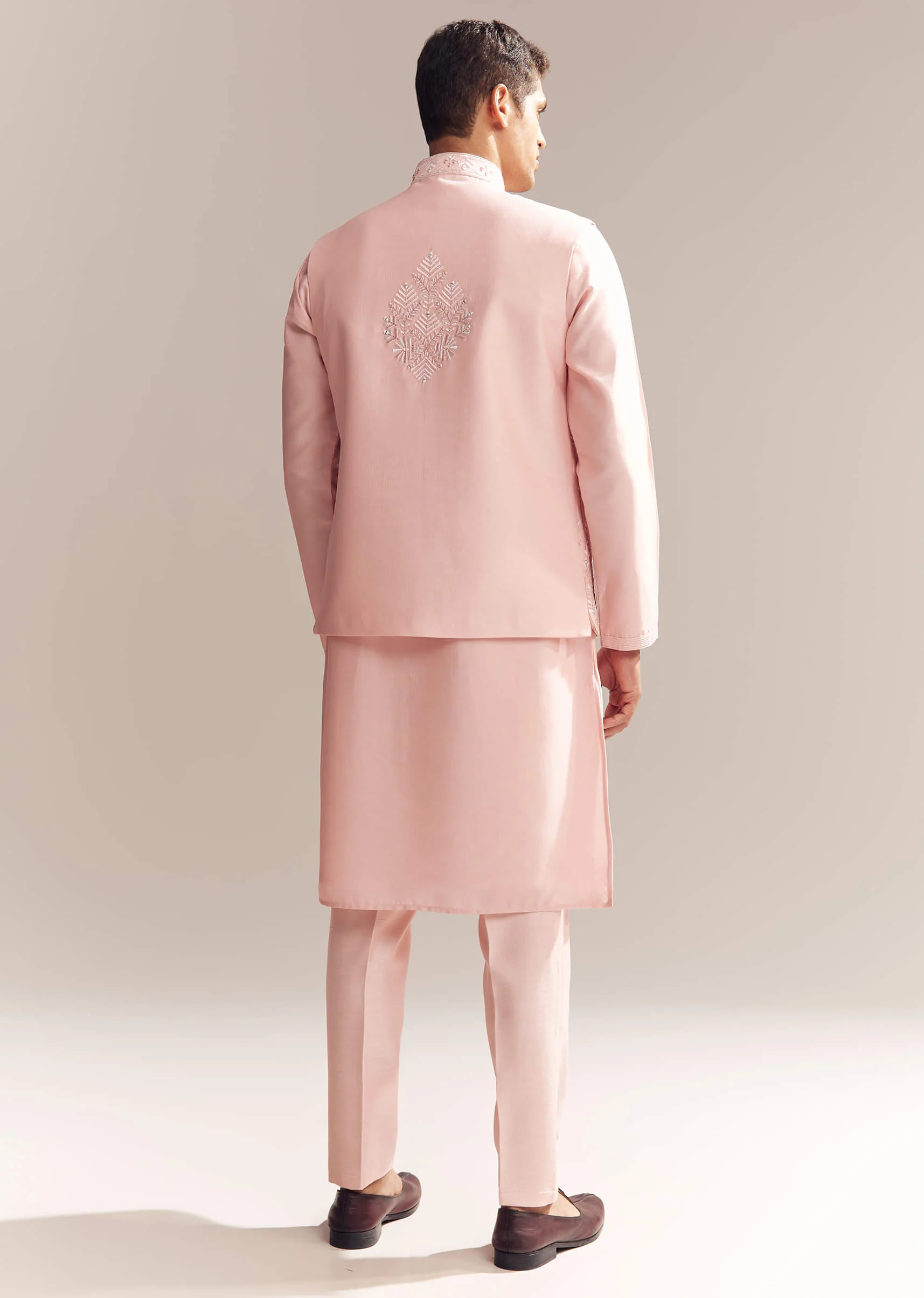 Pink Silk Kurta Jacket Set For Men With Mirror Embroidery - Image 5