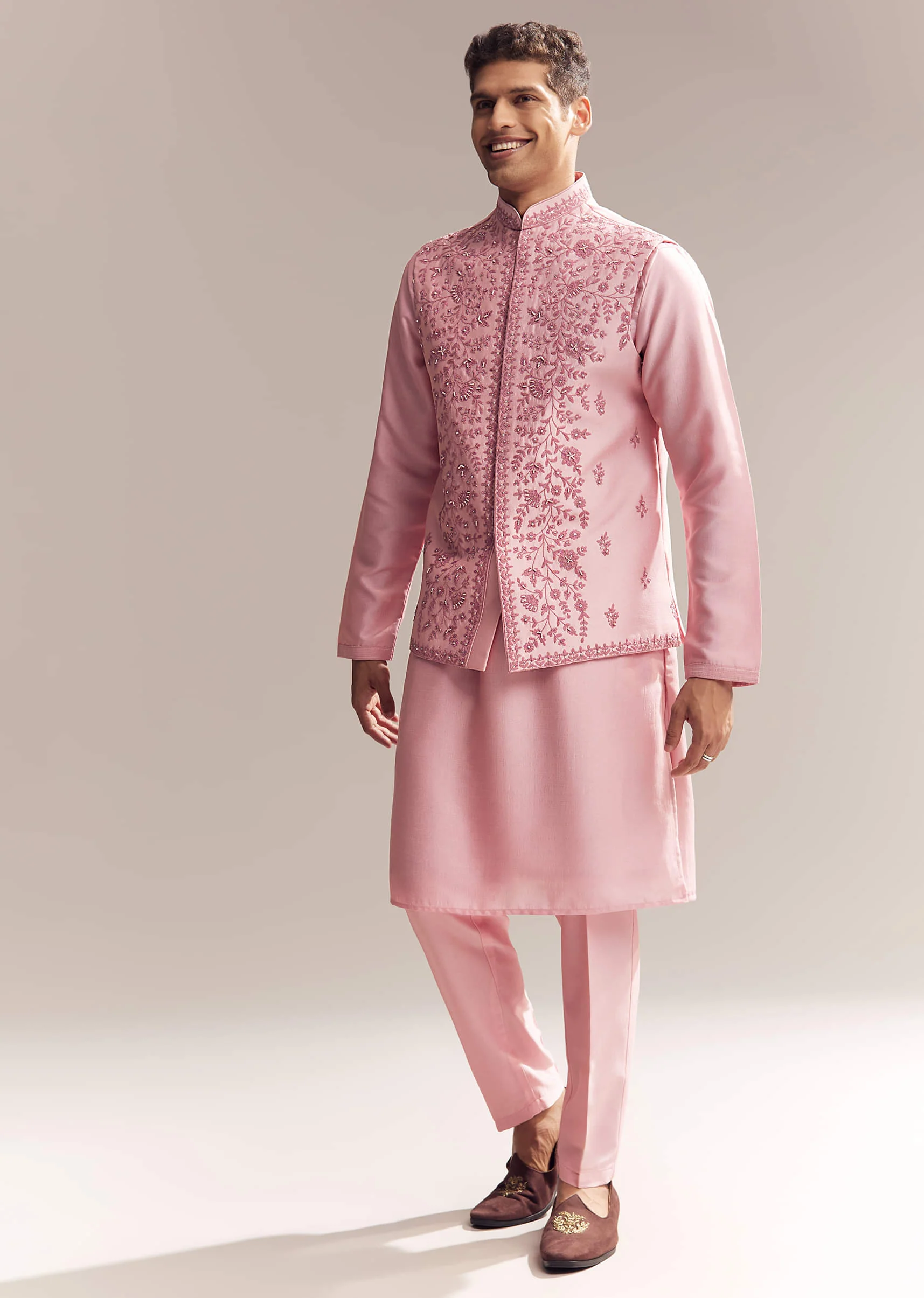 Pink Silk Kurta Jacket Set For Men With Moti Embroidery - Image 3