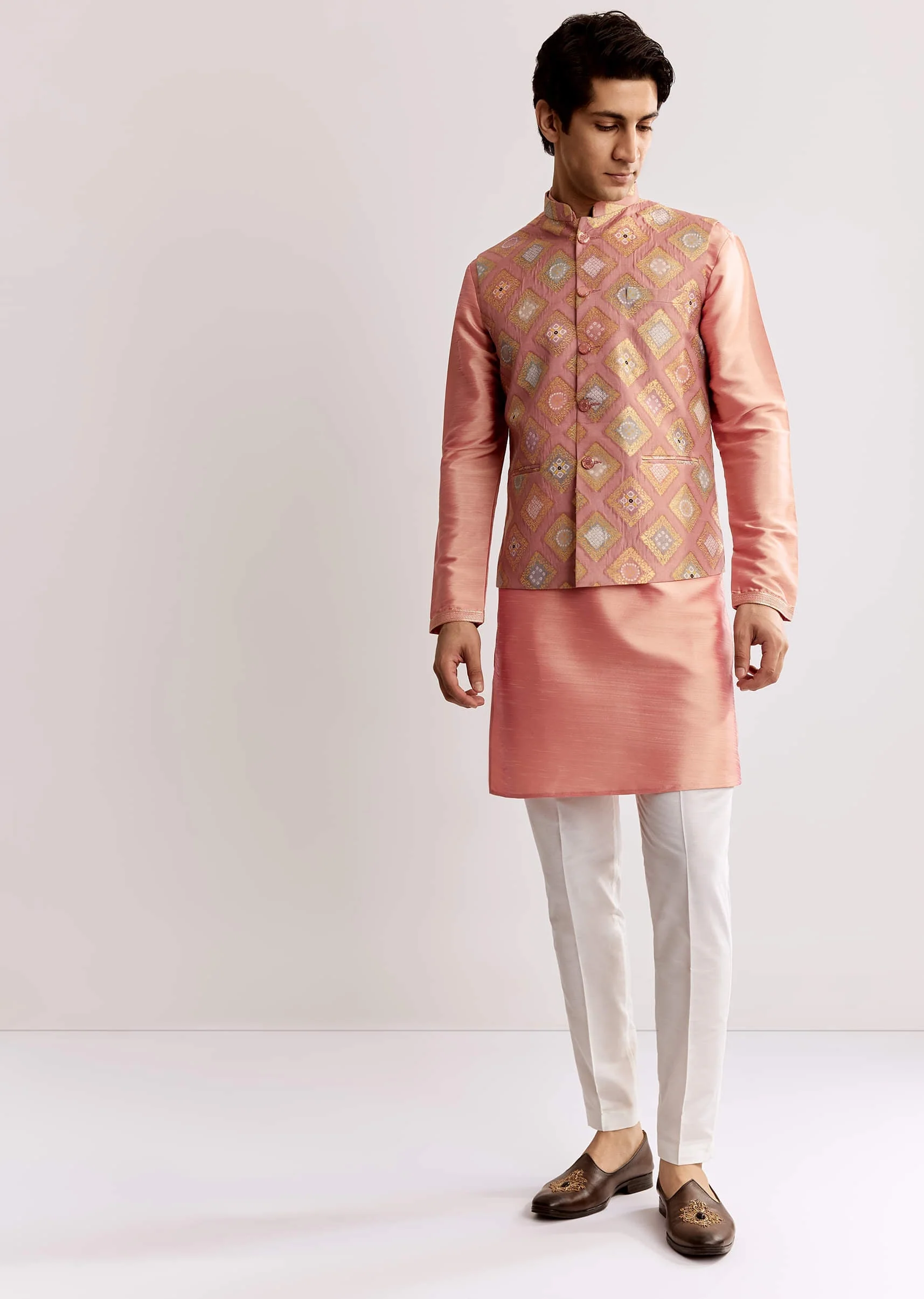 Pink Silk Kurta Jacket Set With Geometric Print - Image 2