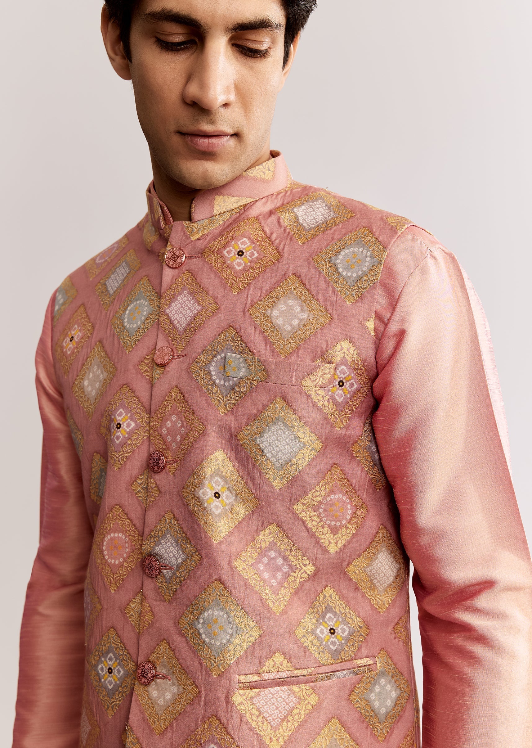 Pink Silk Kurta Jacket Set With Geometric Print - Image 3