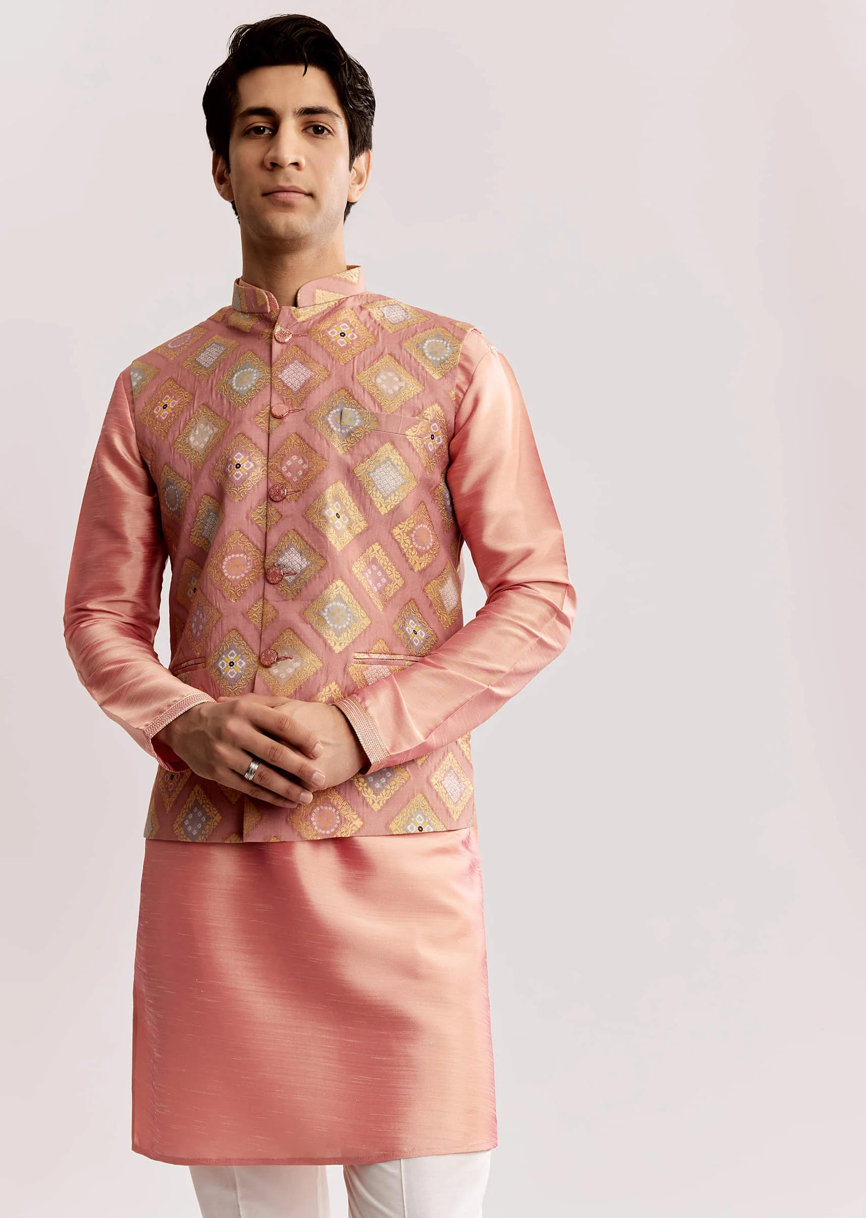 Pink Silk Kurta Jacket Set With Geometric Print - Image 5